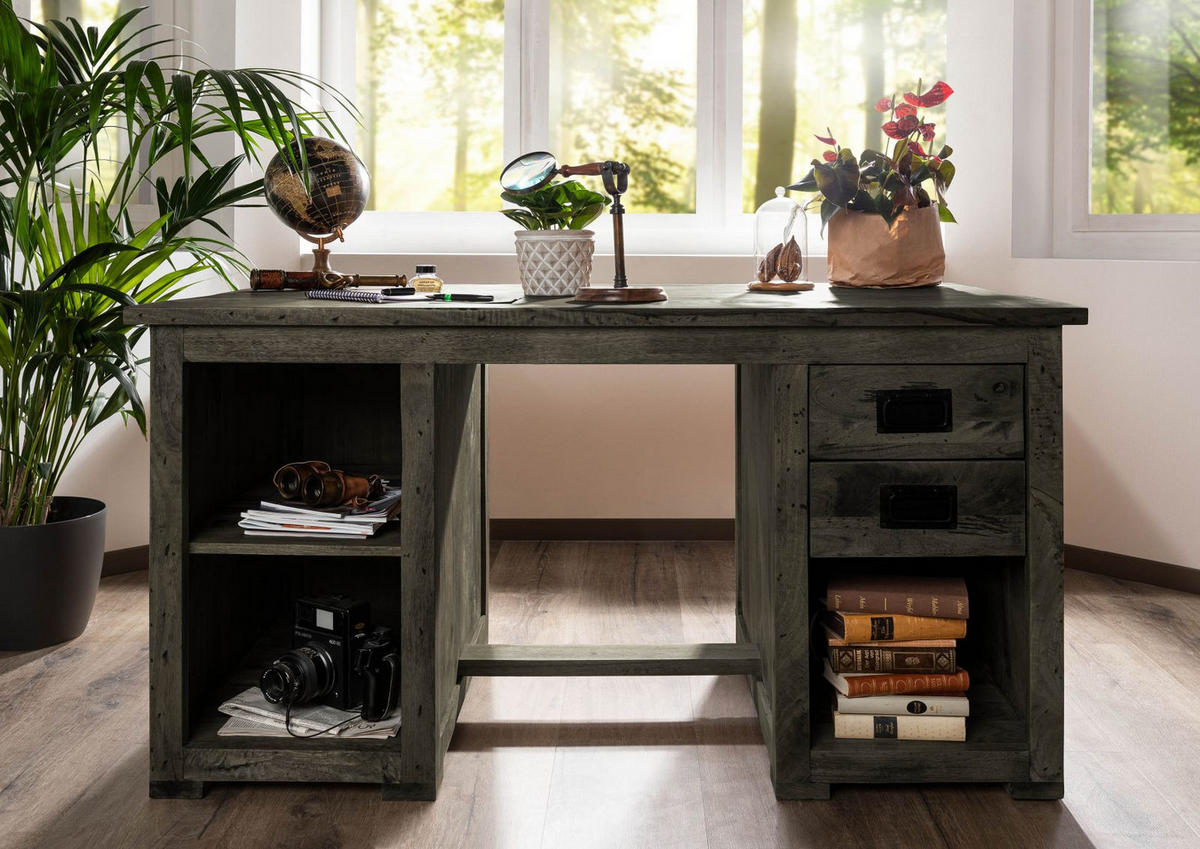 SCHREIBTISCH Mango 140x80x76 grau lackiert RAILWAY #261 - Grau, Holz (80/140/76cm) - Massivmoebel24