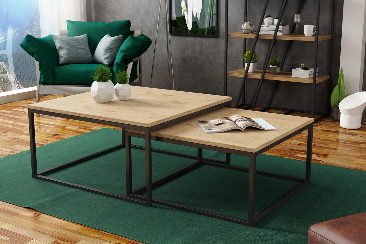 COUCHTISCHEN DUO 2-tlg - Eichefarben/Schwarz, Holzwerkstoff (76/76/39cm) - Meblini