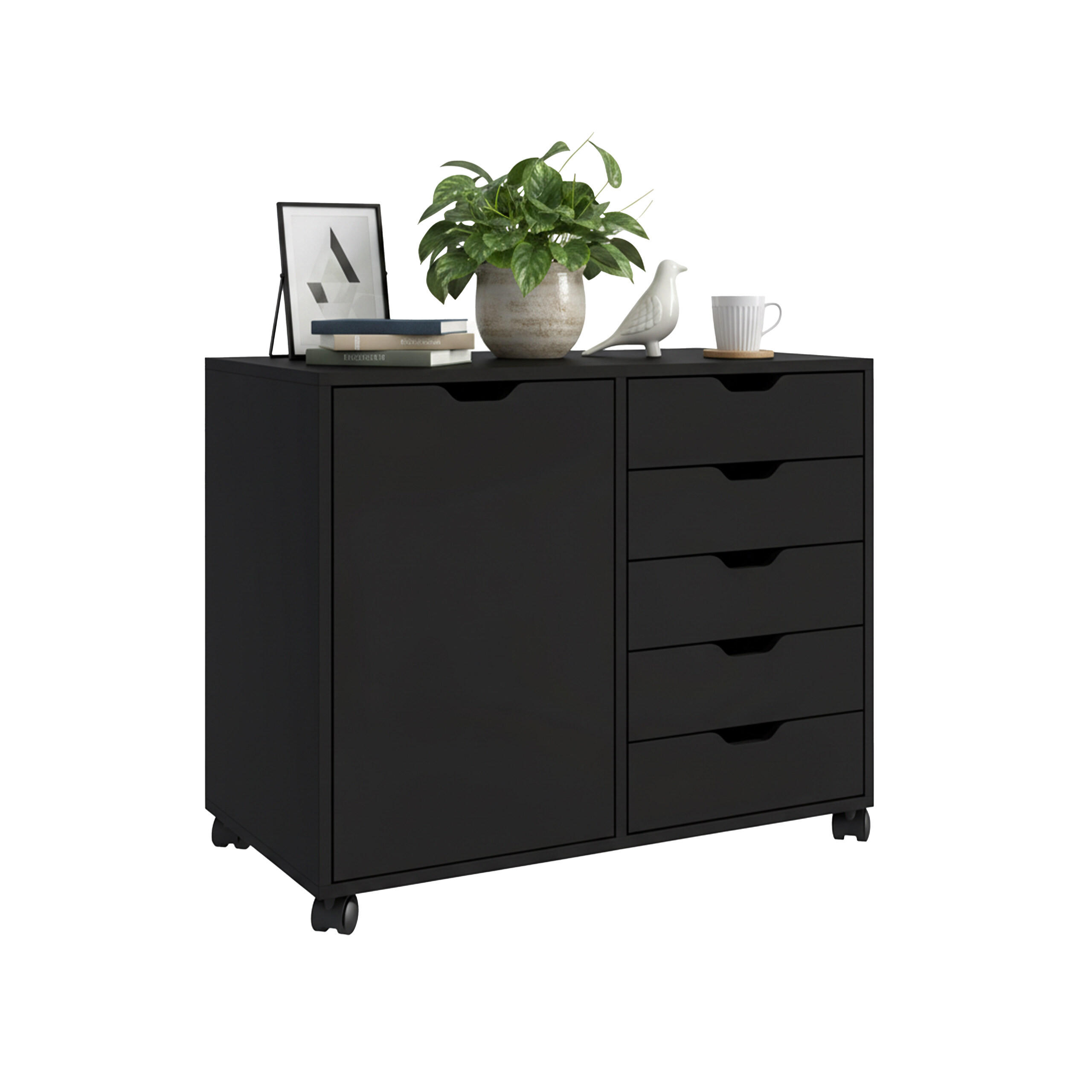 LADIČAR Crni na kotačićima 5 ladica - crna, drvni materijal/metal (78/65/40cm) - Relaxdays