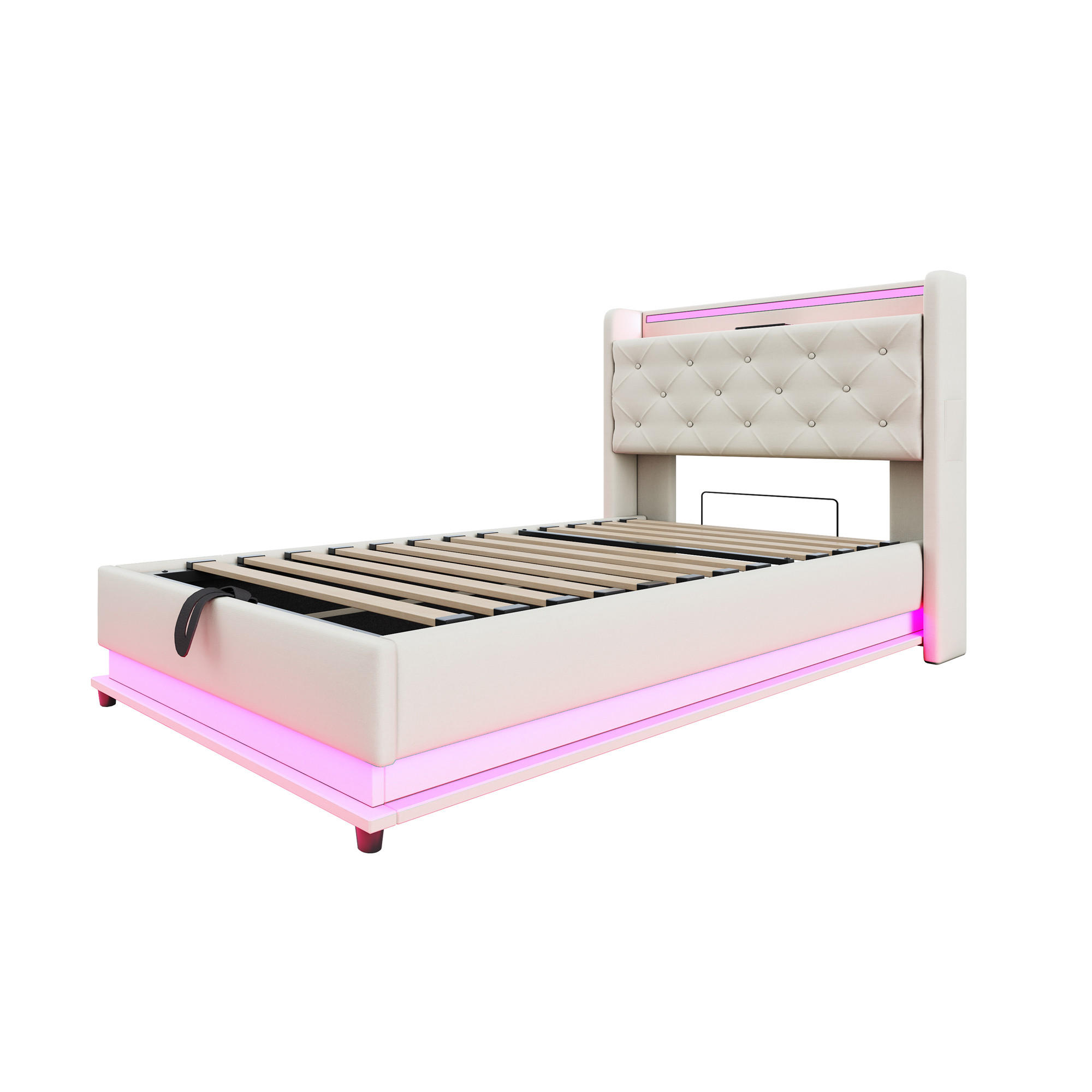 KINDEREINZELBETTEN aus Leinenstoff 90x200 cm in Beige mit LED & USB-Anschlüssen - Beige, Textil (90/200cm) - Modfu