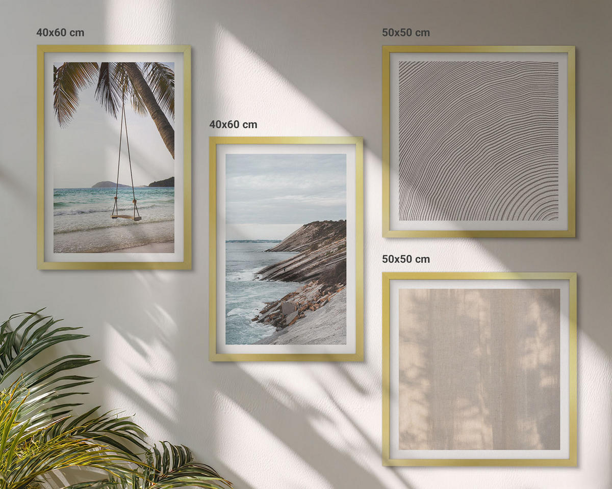 WANDBILDER 4er Set - 50x50 cm & 40x60 cm Goldrahmen - Sommerlicher Sandstrand mit Meerblick - Goldfarben, Kunststoff (50/50cm) - ArtPrintCave