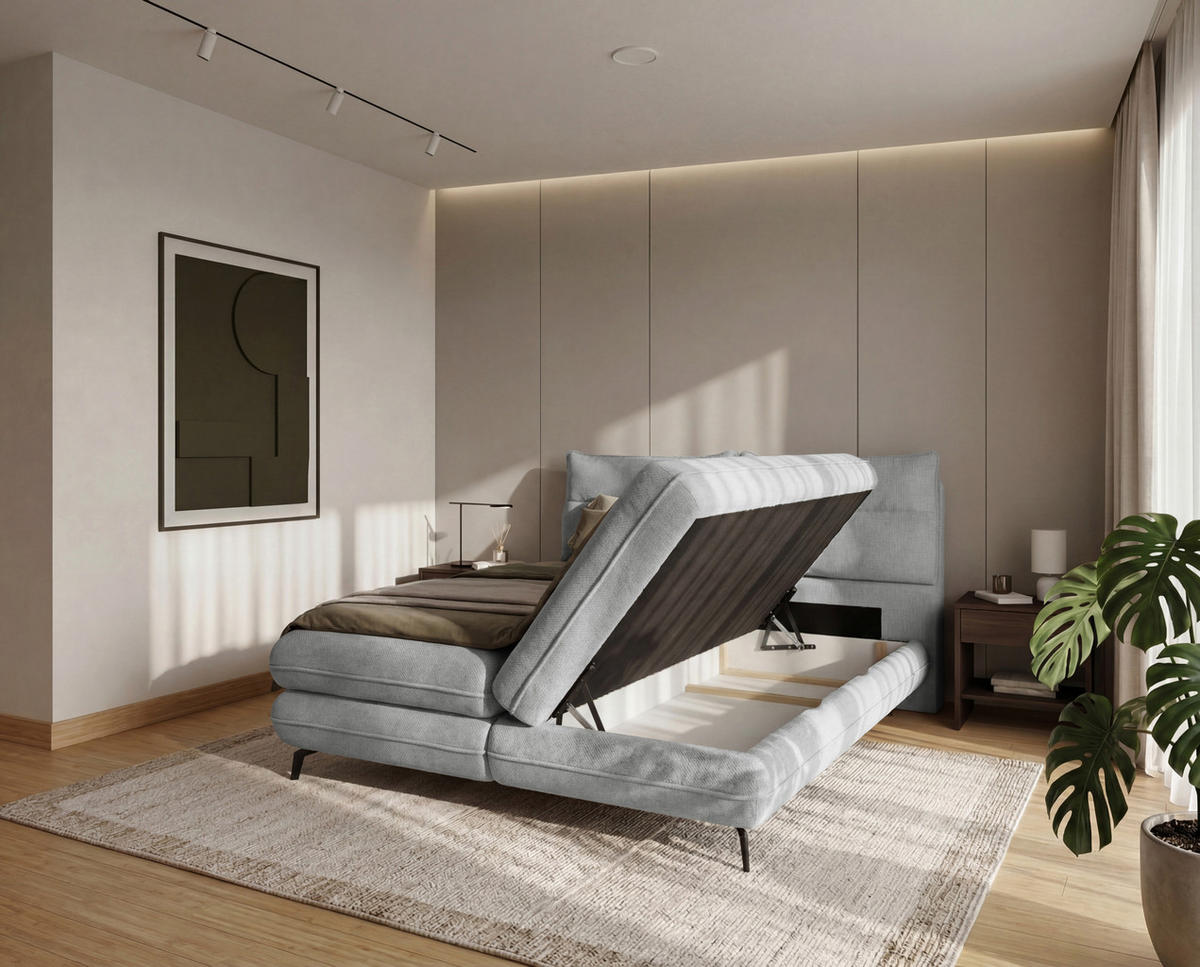 BOXBETT Verse 140 x 200 Einzelbett mit hochwertiger Bonell-Matratze und Topper T30 - Grau - Grau, Holz (140/200cm) - Homesy