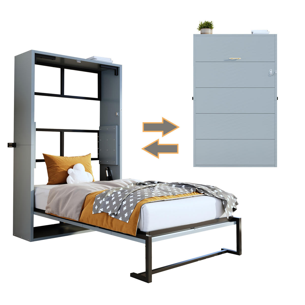 KLAPPBETT 90/200 cm in Grau aus Metall und Holz mit Wandverriegelung - Grau, Holzwerkstoff/Metall (90/200cm) - WISHDOR