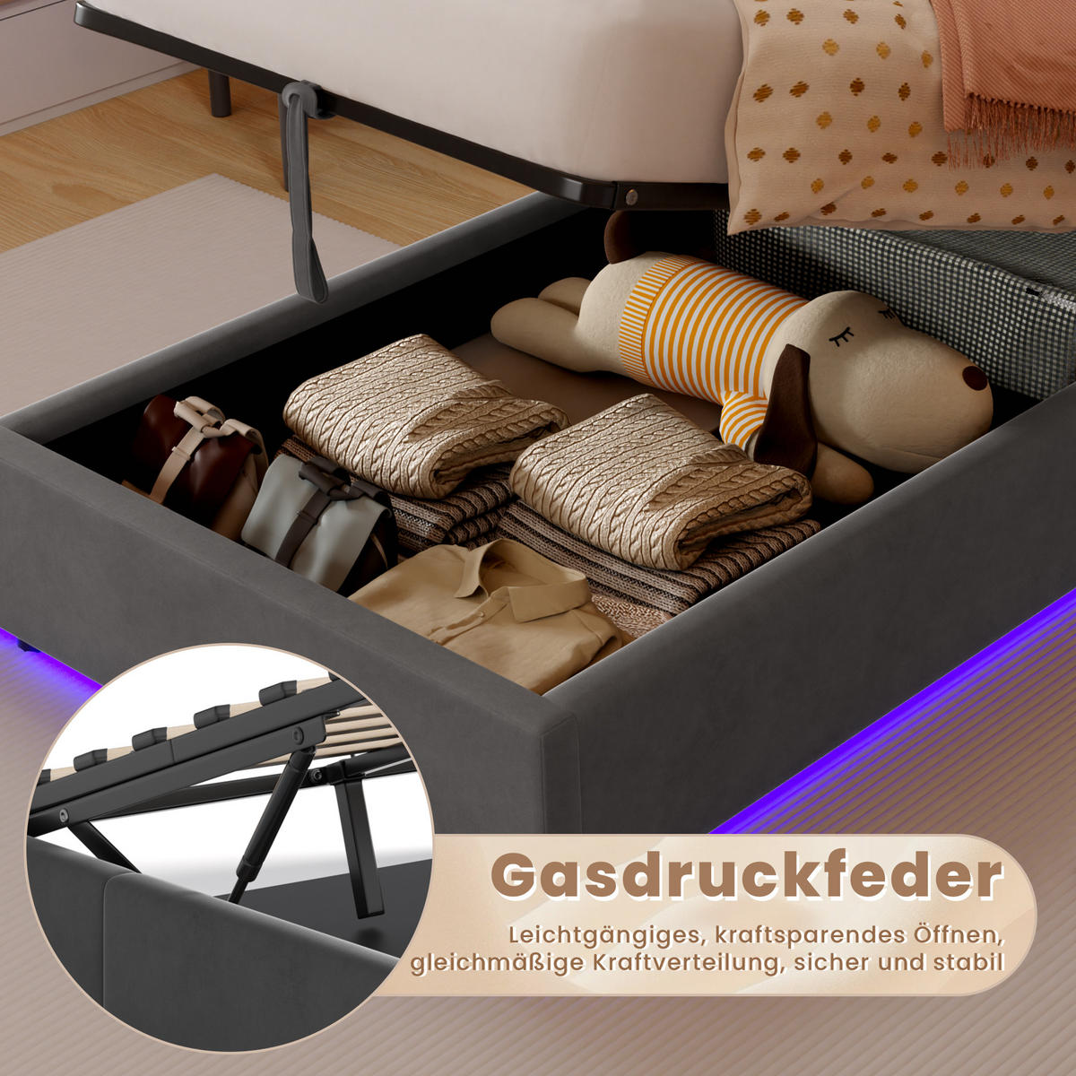POLSTERBETT aus Samt 90x200 cm Grau mit LED-Beleuchtung & USB-Anschlüsse mit hydraulischem Stauraum - Grau, Textil (90/200cm) - Modfu