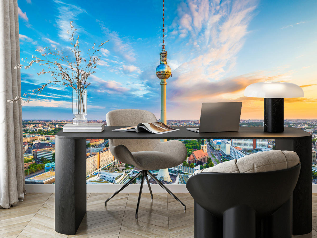 FOTOTAPETA Pre Obývaciu Izbu Televízna Veža Berlín Panoráma Mesta Mrakodrapy 400 x 280 cm - oranžová/hnedá, papier (400/280cm) - Muralo