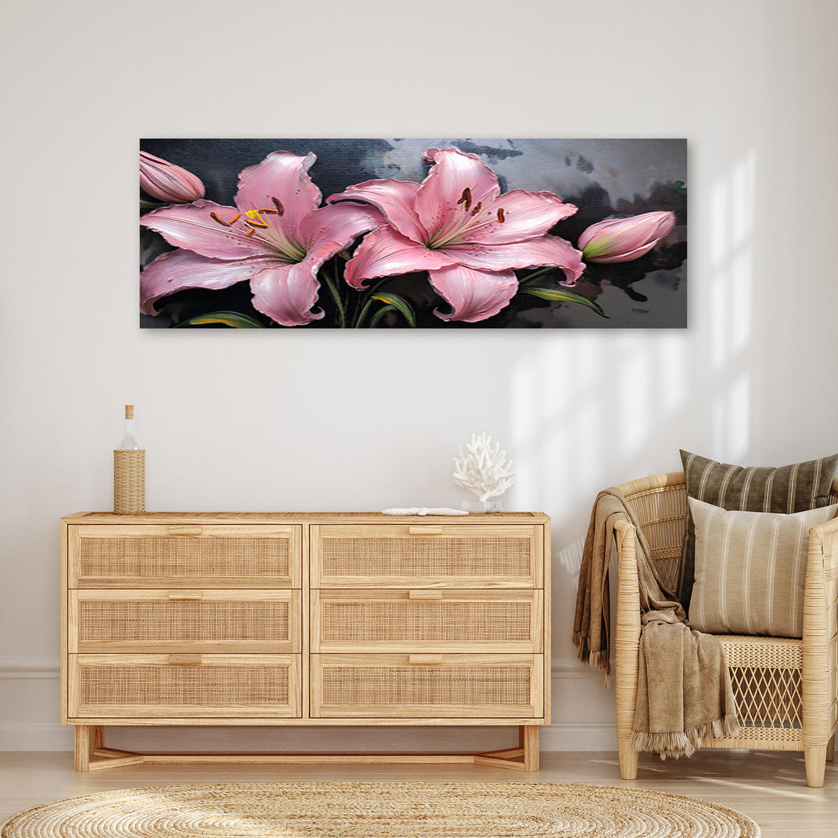 WANDBILD lilien rosa blumen pflanzen pastelle - Pink, Textil (90/30cm) - Feeby