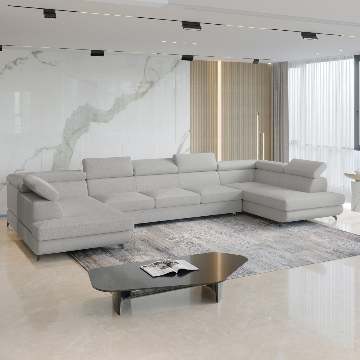 WOHNLANDSCHAFT URMANO Hellgrau Boucle-Stoff mit Schlaffunktion - Hellgrau, Holz (395/89/190cm) - MASSENO