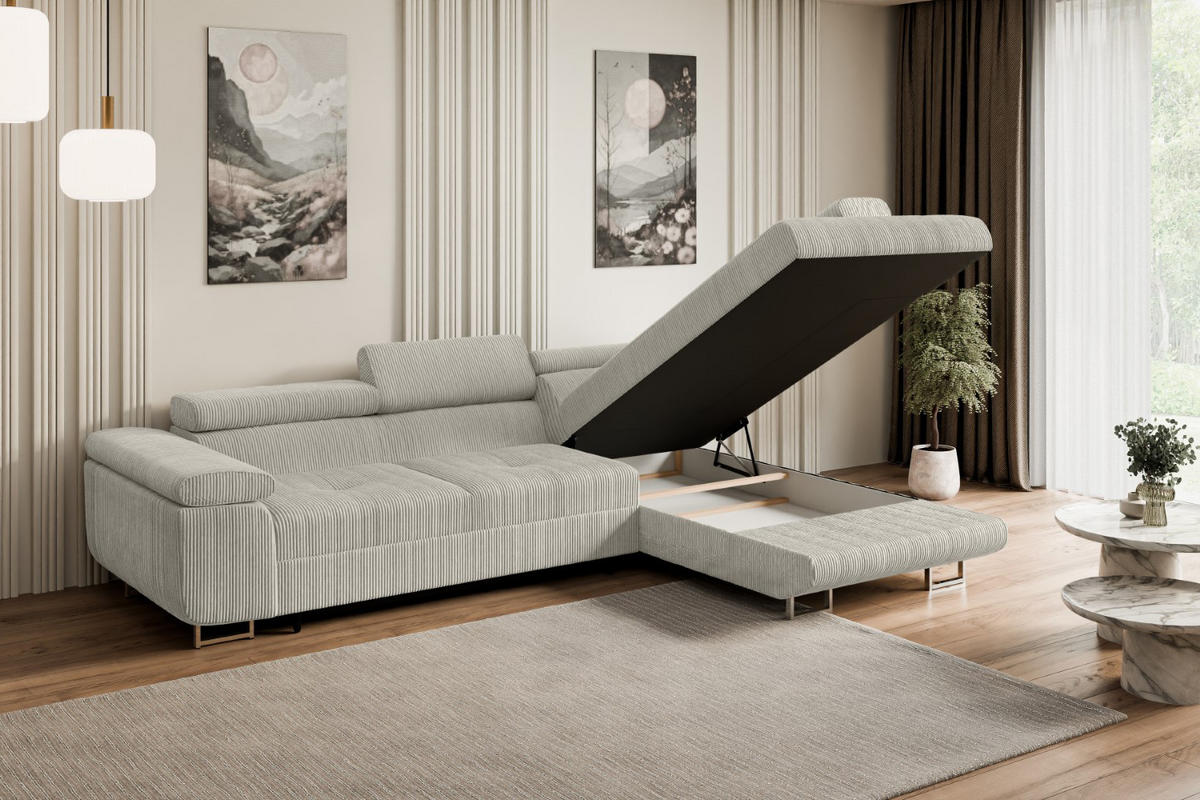 ECKSOFA mit Schlaffunktion und Bettkasten GUSA-L 272x202x107 cm Grau Cord - Silberfarben/Hellgrau, Holzwerkstoff/Textil (272/202cm) - ALTDECOR