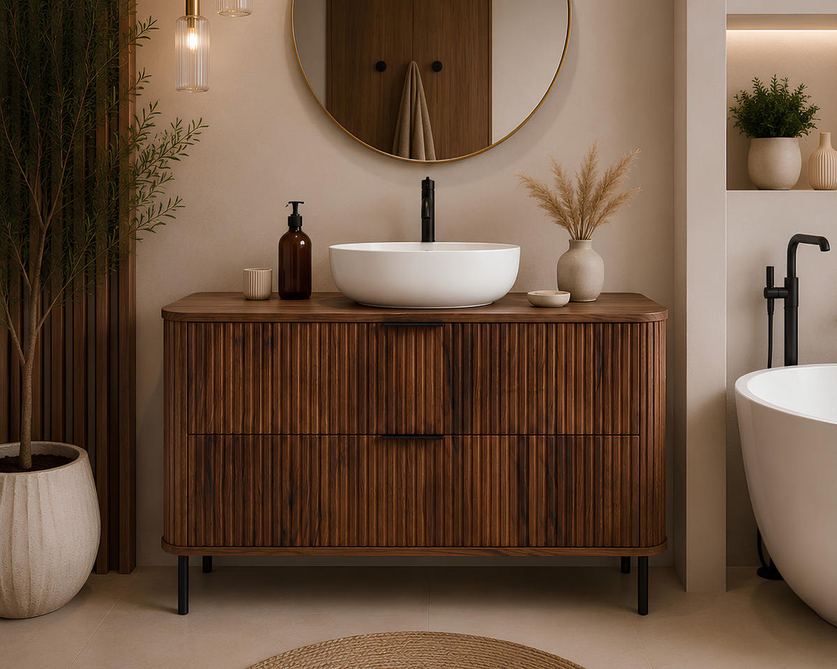 BADEZIMMERSCHRANK : Farbe Eiche-Nussbaum, Griff schwarz, Füße schwarz, 120 x 41,5 x 66,7 cm - Schwarz/Braun, Holzwerkstoff (120/66.7/41.5cm) - 3XE LIVING