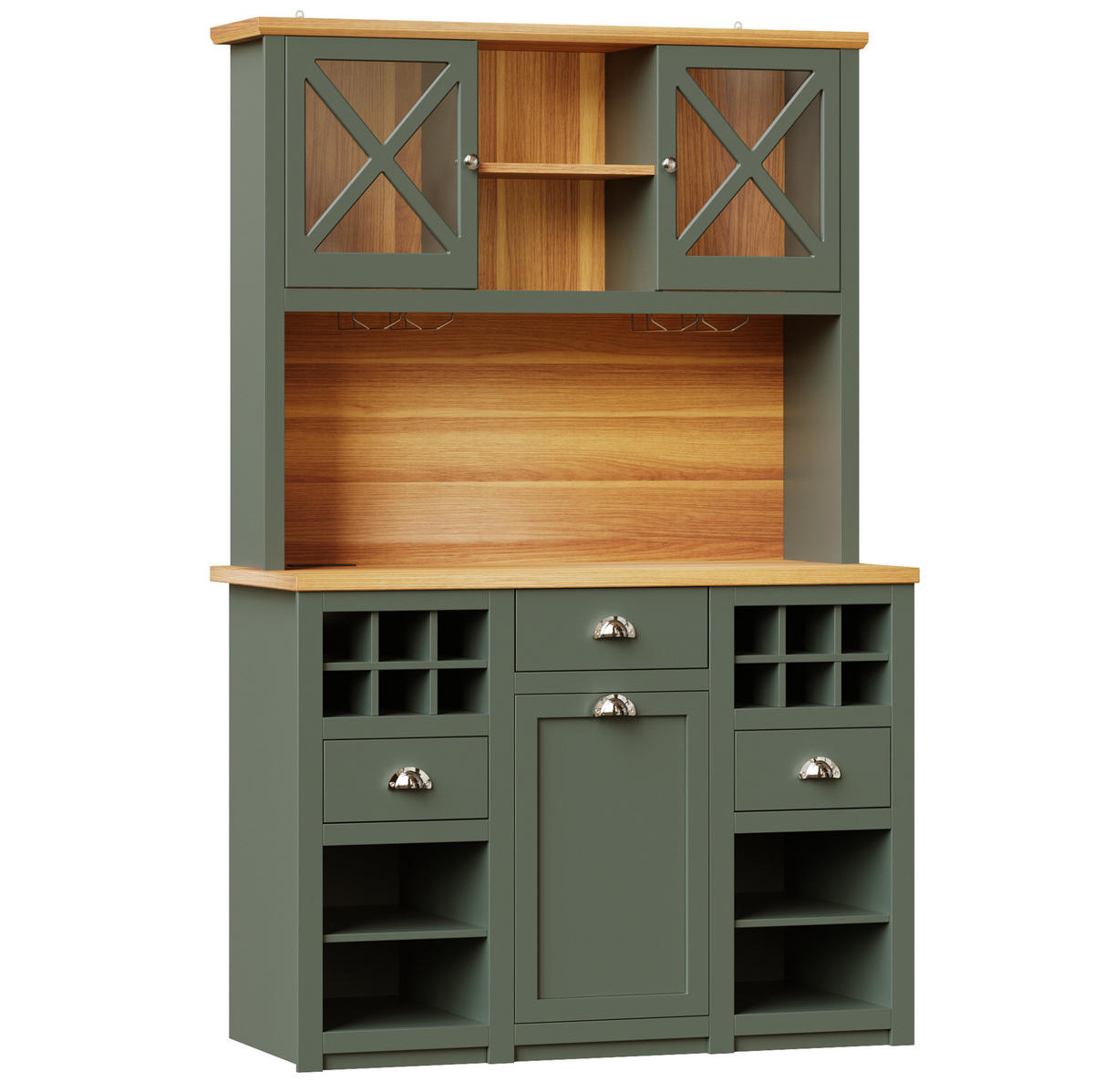 BUFFETSCHRANK 120/45/188 cm mit LED-Beleuchtung, Steckdosen, USB und Weinregal aus MDF und Glas, Antikgrün - Dunkelgrün, Holzwerkstoff (120/188/45cm) - Redom