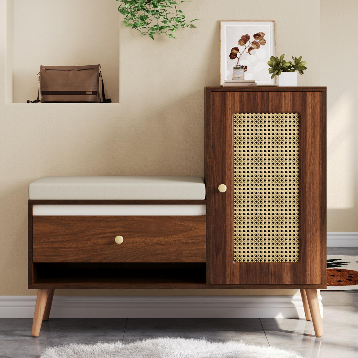 SCHUHSCHRANK aus MDF & Spanplatte 95,5x35x80,5cm in Nussbaum mit Sitzkissen - Nussbaumfarben, Holzwerkstoff (95.5/80.5/35cm) - Modfu