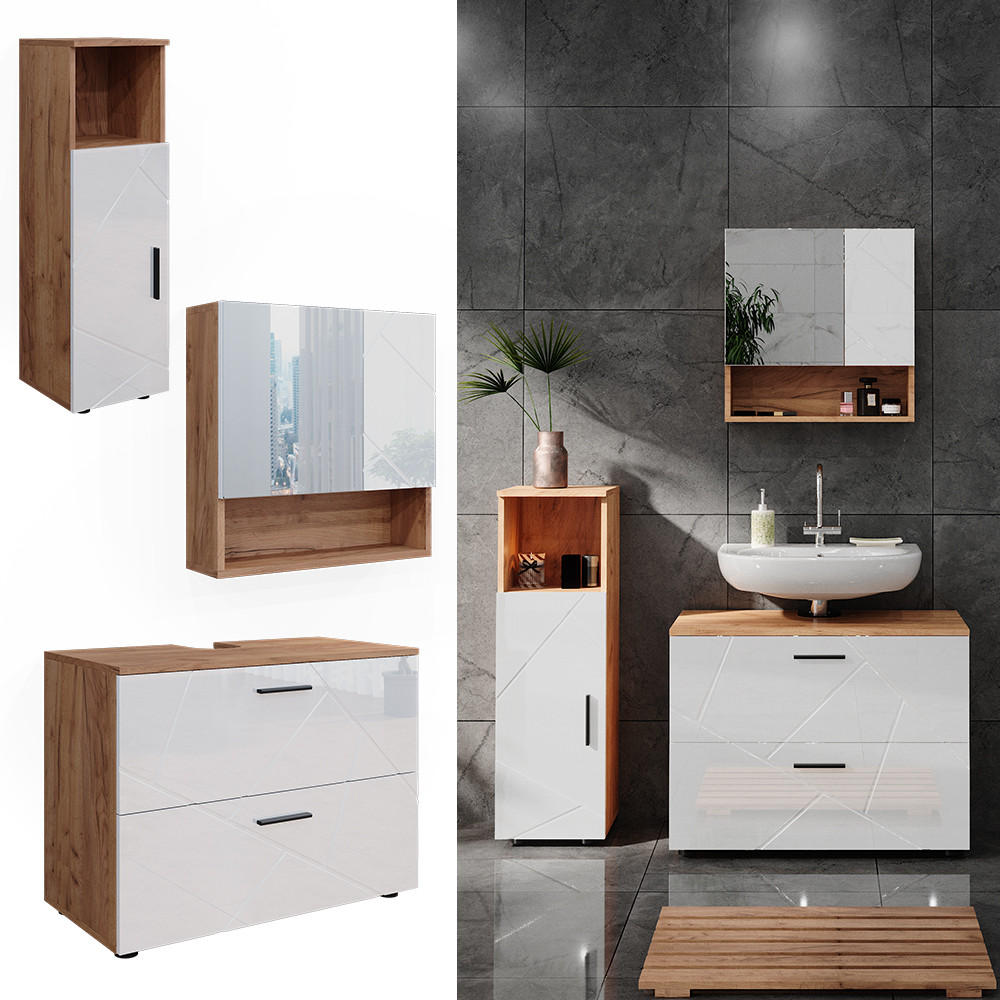 BADMÖBEL-SET Irma Weiß Hochglanz/Goldkraft Eiche 3 Teile mit Midischrank - Weiß Hochglanz/Eiche Wotan, Holzwerkstoff (80/58.6/41cm) - Vicco