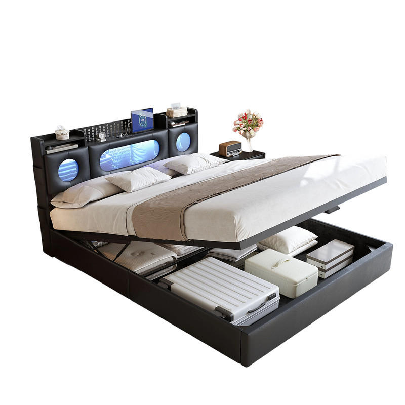 POLSTERBETT 160/200 cm Schwarz mit Bettkasten und LED-Beleuchtung - Schwarz, Holz (160/200cm) - SHOPENTRA