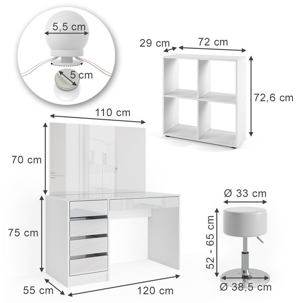 SCHMINKTISCH Sherry Weiß 120 cm 4 Teile mit Standregal Spiegel Hocker LED - Weiß, Holzwerkstoff (55/75/120cm) - Vicco