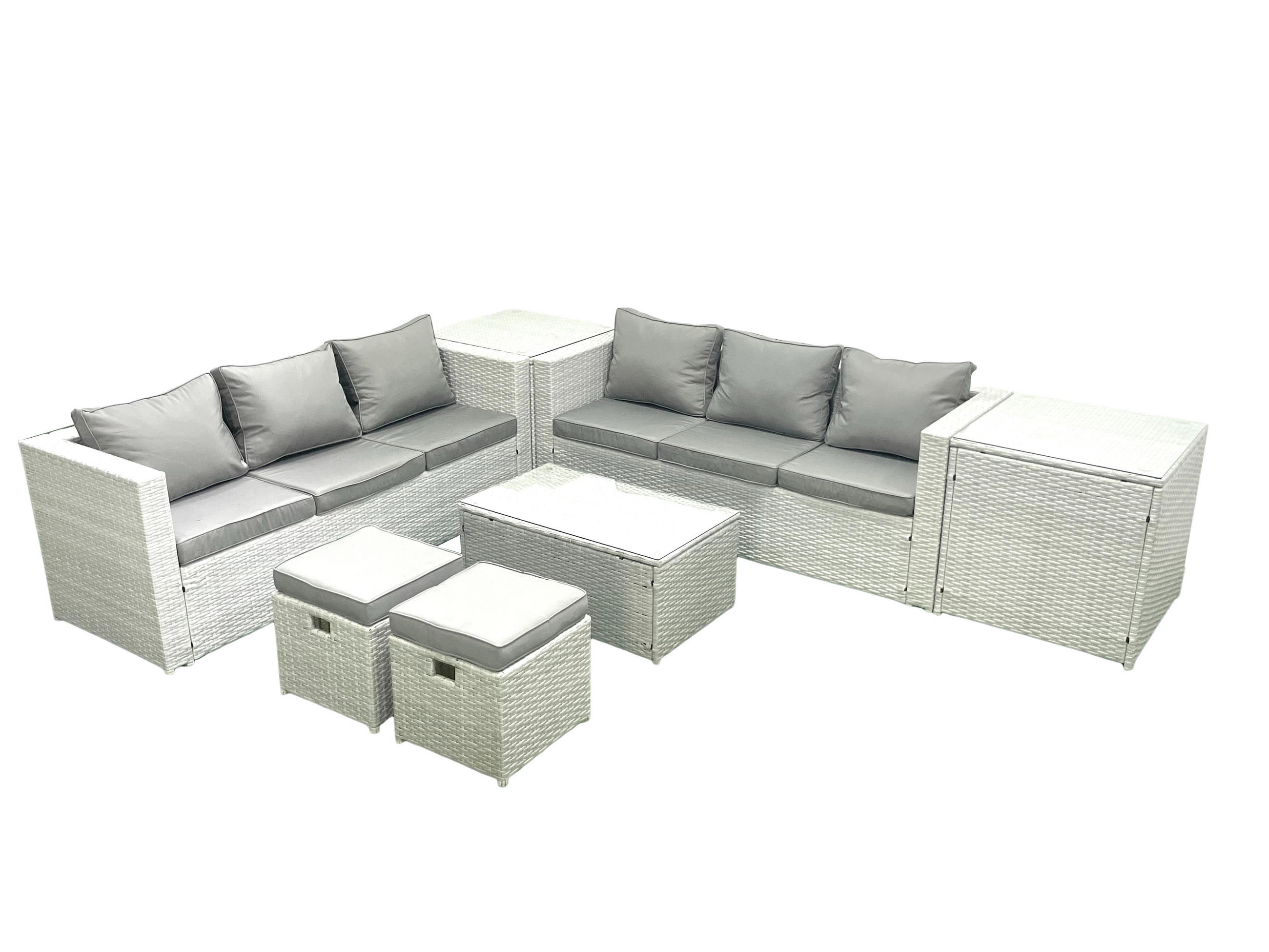 GARTENGARNITUR mit 3-SITZER SOFA,COUCHTISCH Polyrattan Hellgrau-Mix 8-Sitzer - Hellgrau/Grau, Glas/Kunststoff - Fimous