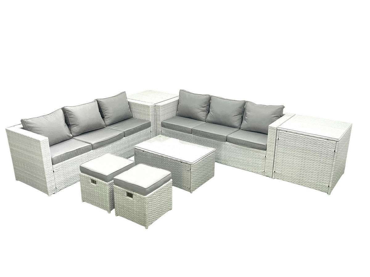 GARTENGARNITUR mit 3-SITZER SOFA,COUCHTISCH Polyrattan Hellgrau-Mix 8-Sitzer - Hellgrau/Grau, Glas/Kunststoff - Fimous