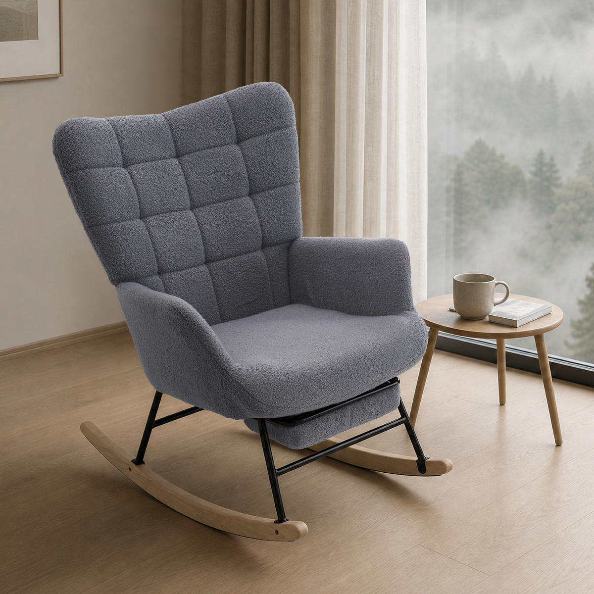 SCHAUKELSTUHL wohnzimmer mit Fußstütze und verdicktem Sitzkissen ,Bodenschutzleiste, grau - Grau, Holzwerkstoff/Textil (68/91/88cm) - STILVORA