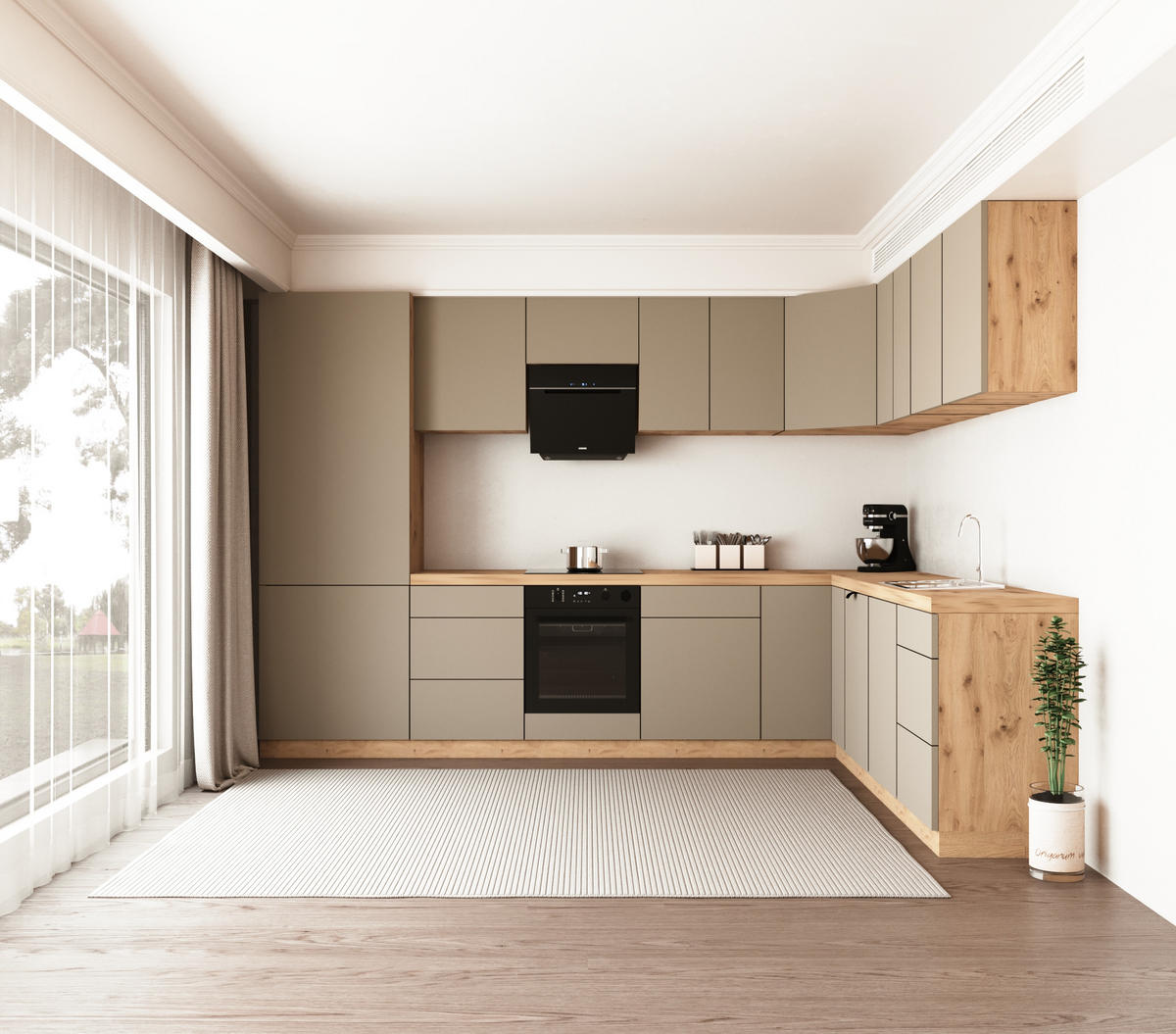 WINKELKÜCHE 320cm x 260cm- Langen KL14-M320 - in Beige/Matt - Beige, Holz/Holzwerkstoff (580/212/58cm)