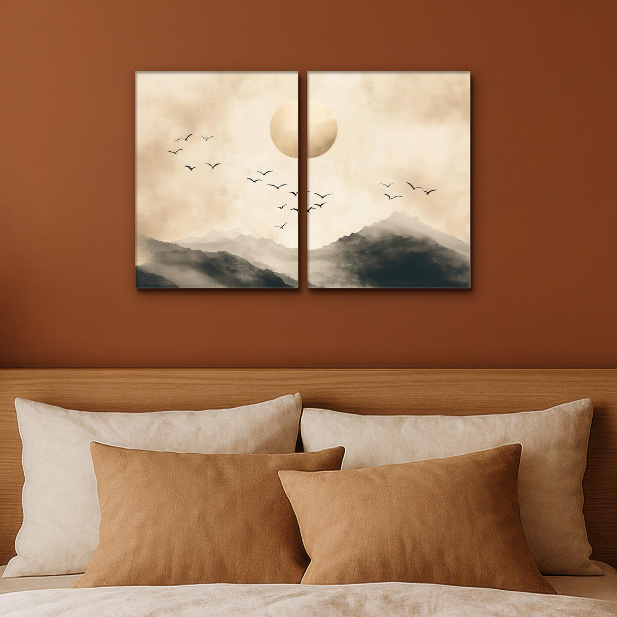 LEINWANDBILD 2er Set Landschaft - Japandi - Beige - Vögel 60x40 cm - Beige, Textil (60/40cm) - MuchoWow