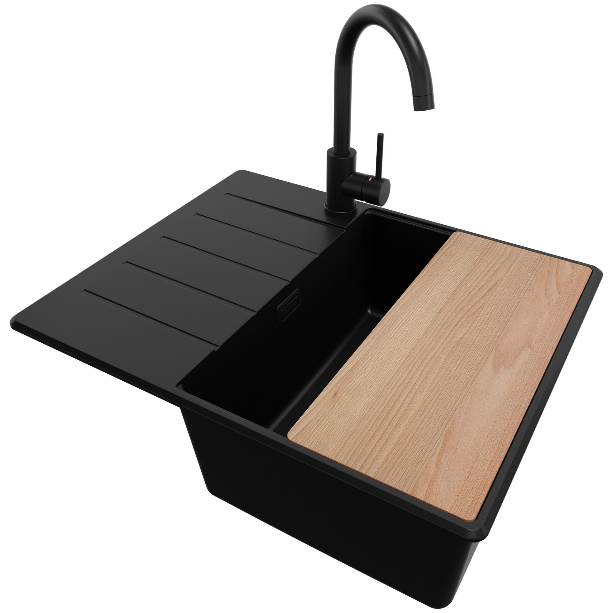 GRANITSPÜLE Kopenhagen, 2-er set Alles Schwarz 62/50 cm 1 Becken + Küchenarmatur 32/20 cm + Ablauf-Set + Schneidebrett ab 45er Unterschrank - Beige/Schwarz, Kunststoff (62/20/50cm) - Primagran