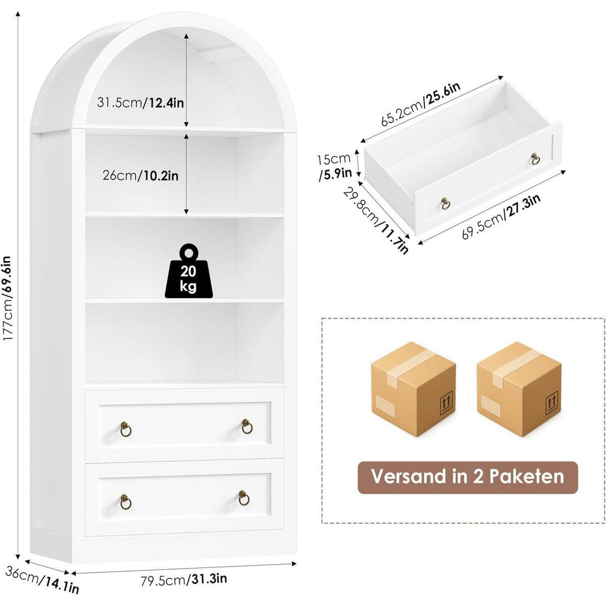 BÜCHERREGAL mit 2 Schubladen 177 x 79,5 x 36 cm Weiß - Weiß, Holzwerkstoff (79.5/177/36cm)
