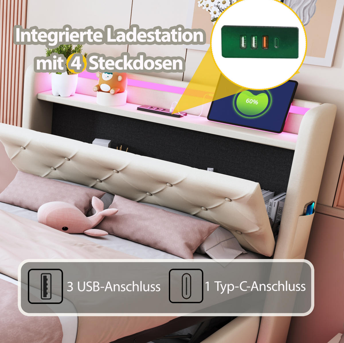 KINDERBETT 90/200 cm in Beige mit LED-Beleuchtung, Stauraum und USB- und Type-C-Anschlüssen - Beige, Textil (90/200cm) - Flora Grace