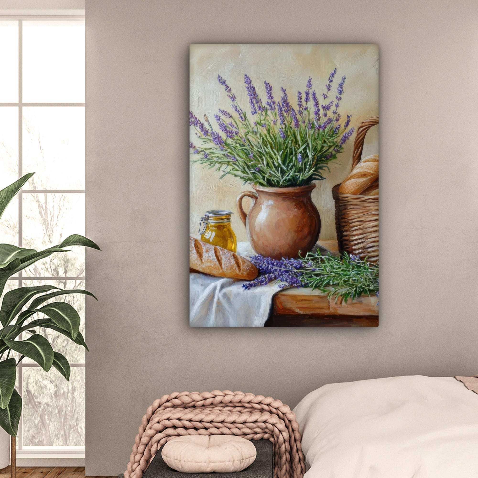 LEINWANDBILD Lavendel - Brot - Stilleben 80x120 cm - Flieder, Textil (80/120cm) - MuchoWow