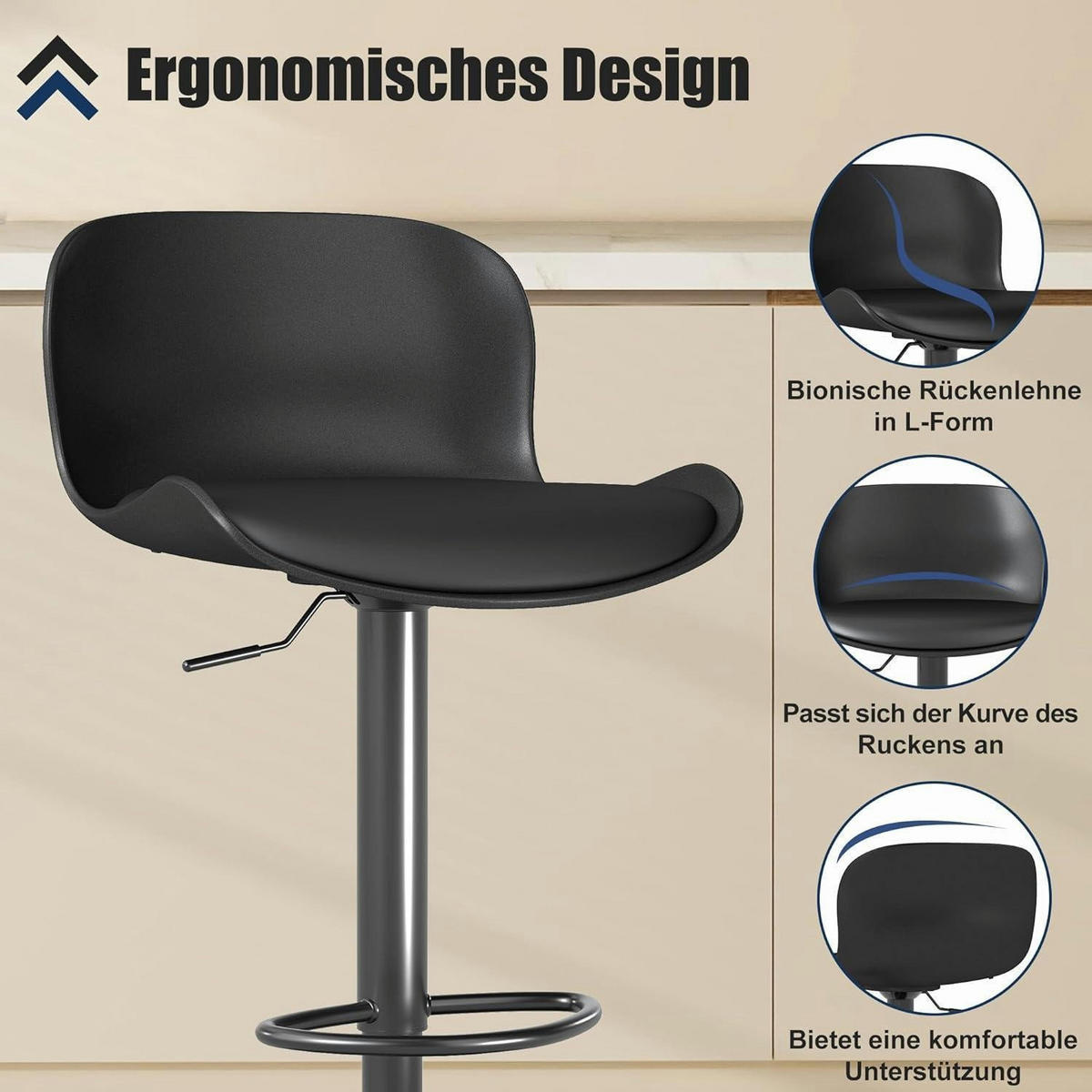BARHOCKER 2er Set höhenverstellbar, mit Rückenlehne aus PU-Leder in Schwarz - Schwarz, Kunststoff (48/97/45cm)