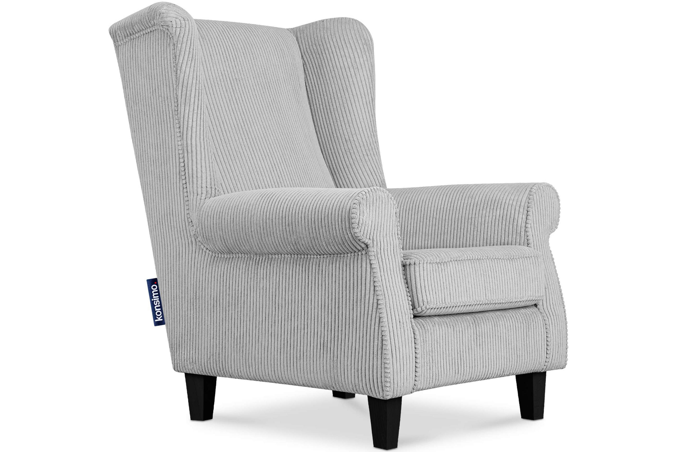 OHRENSESSEL MILES Kord-Bezug Petfriendly, grau - Hellgrau, Holzwerkstoff/Buchenholz (82/105/97cm) - KONSIMO®