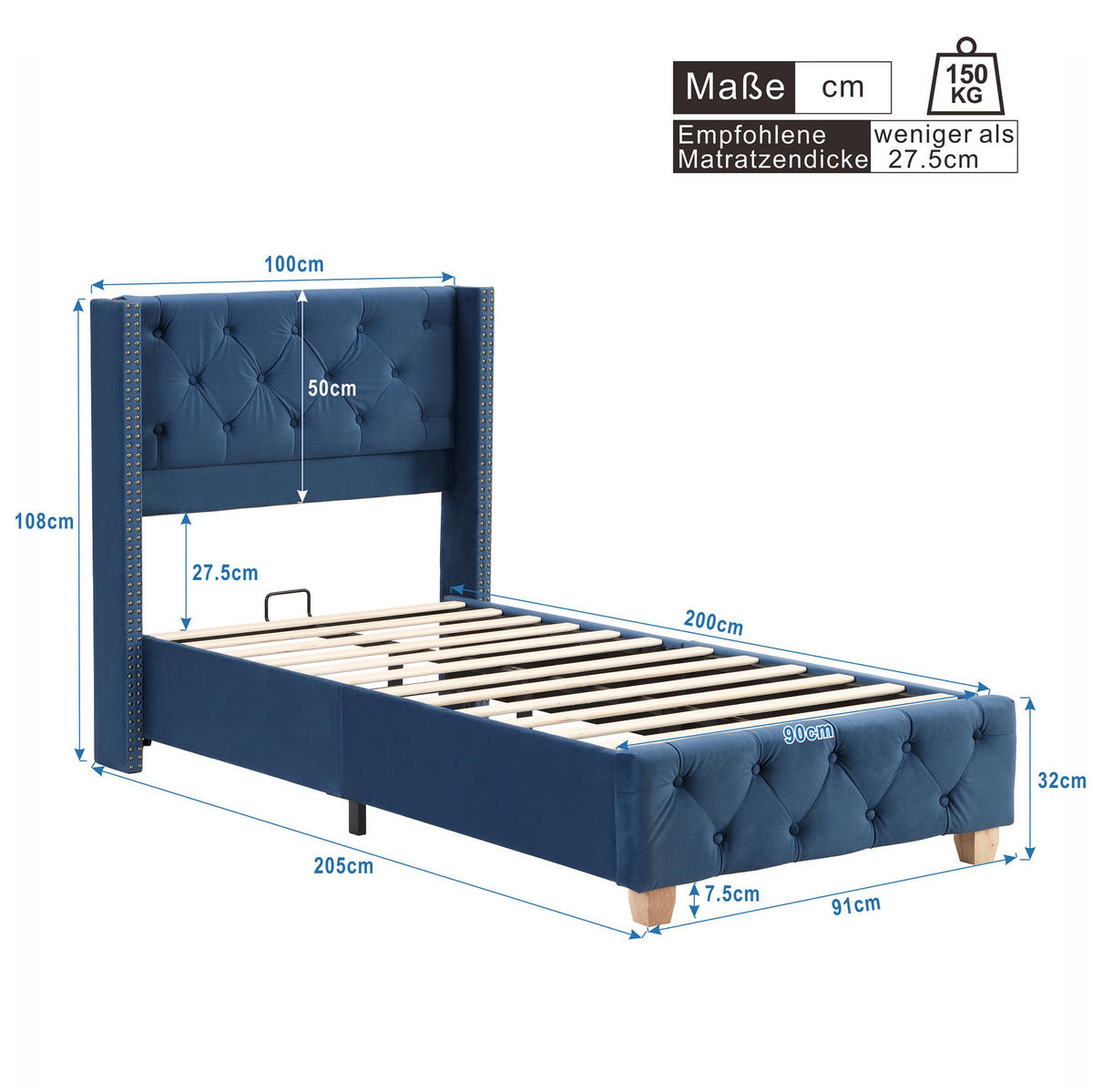 POLSTERBETT mit Lattenrost 90x200 cm Samt Blau - Blau, Metall (90/200cm) - Beauniv