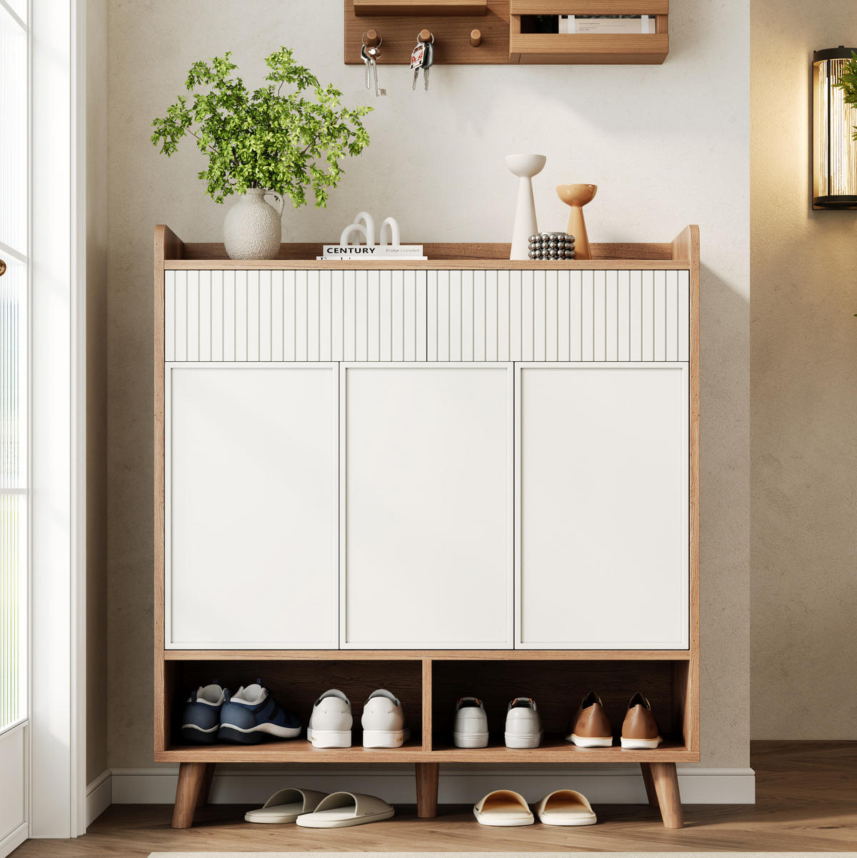 SCHUHSCHRANK 90/35/100 cm mit 3 Türen, 2 Schubladen und Holzbeinen - Weiß, Holzwerkstoff (90/100/35cm) - BEAOK