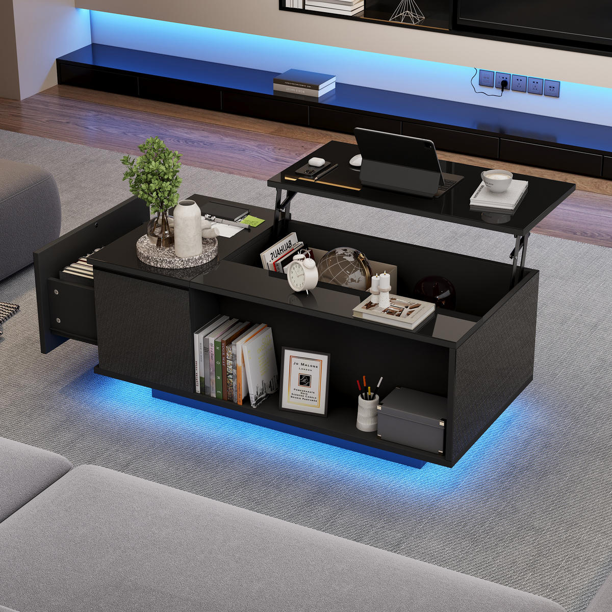 COUCHTISCH 100/50/40 cm höhenverstellbar mit verstecktem Stauraum und LED-Licht - Schwarz, Holzwerkstoff (100/50/40cm) - OKWISH