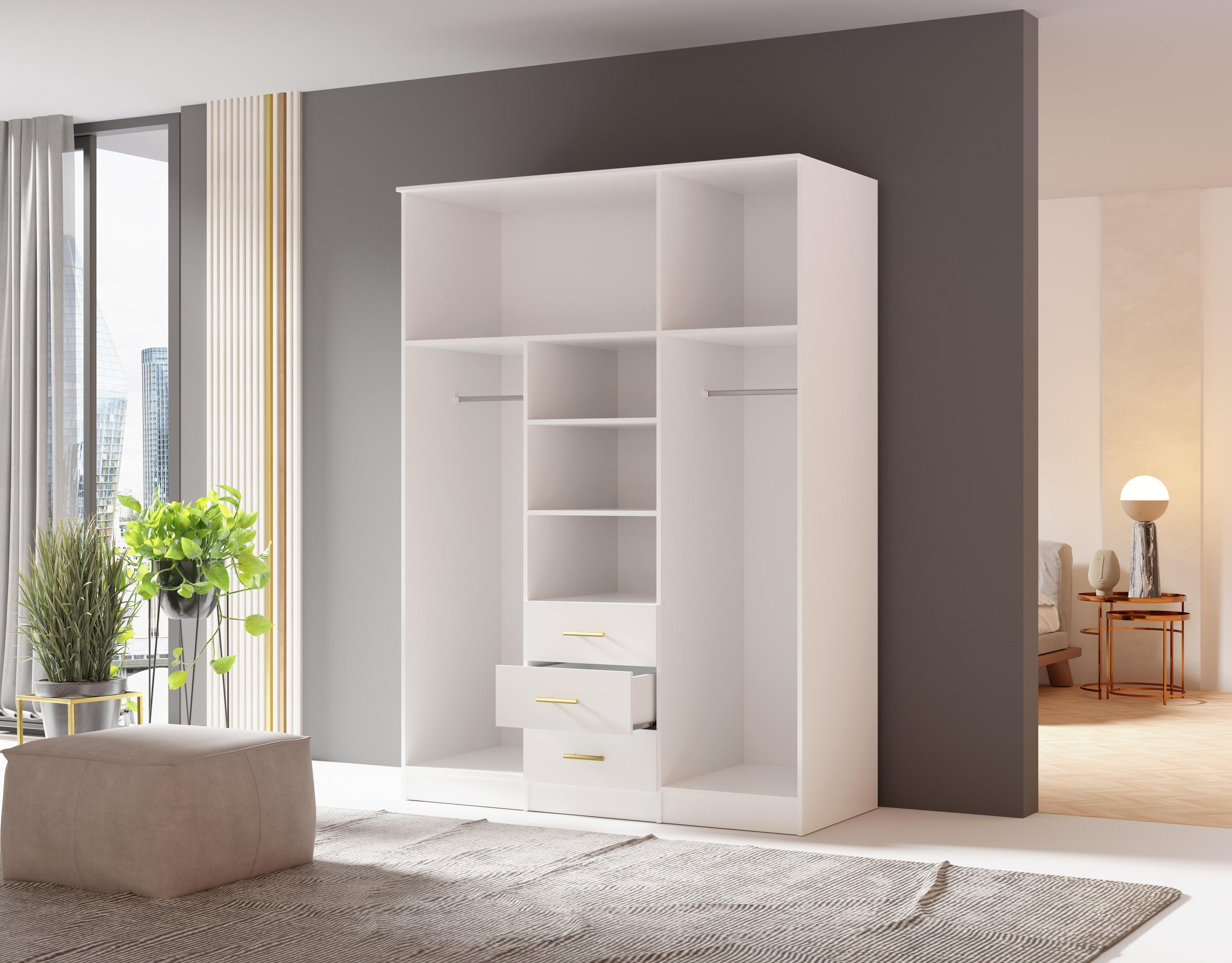 DREHTÜRENSCHRANK - LIMON 3D - Weiß - Weiß, Holzwerkstoff/Metall (154/210/64cm) - Möblo