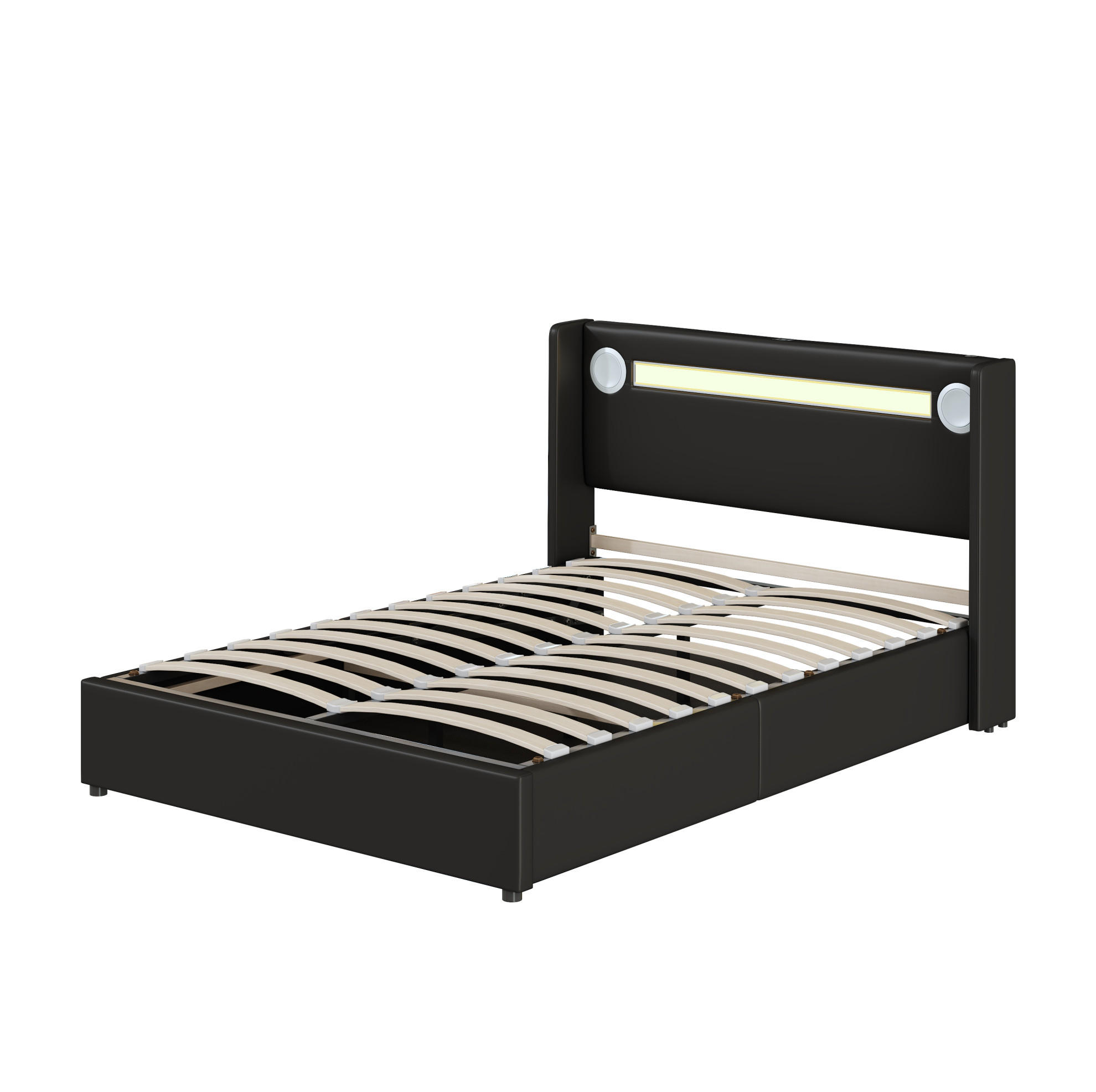 POLSTERBETT aus PU-Leder 140x200 cm Schwarz mit LED-Beleuchtung, Bluetooth-Player, USB-Anschlüssen und Bettkasten - Schwarz, Kunststoff (140/200cm) - Modfu