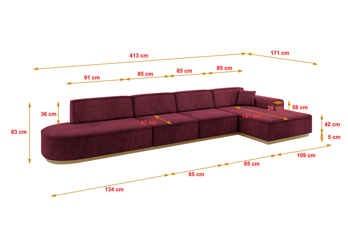 ECKSOFA Ottomane Rechts IREA-L3-v2 - 413x171x83 cm Bordeauxrot - Bordeaux, Holzwerkstoff/Textil (171/413cm) - ALTDECOR