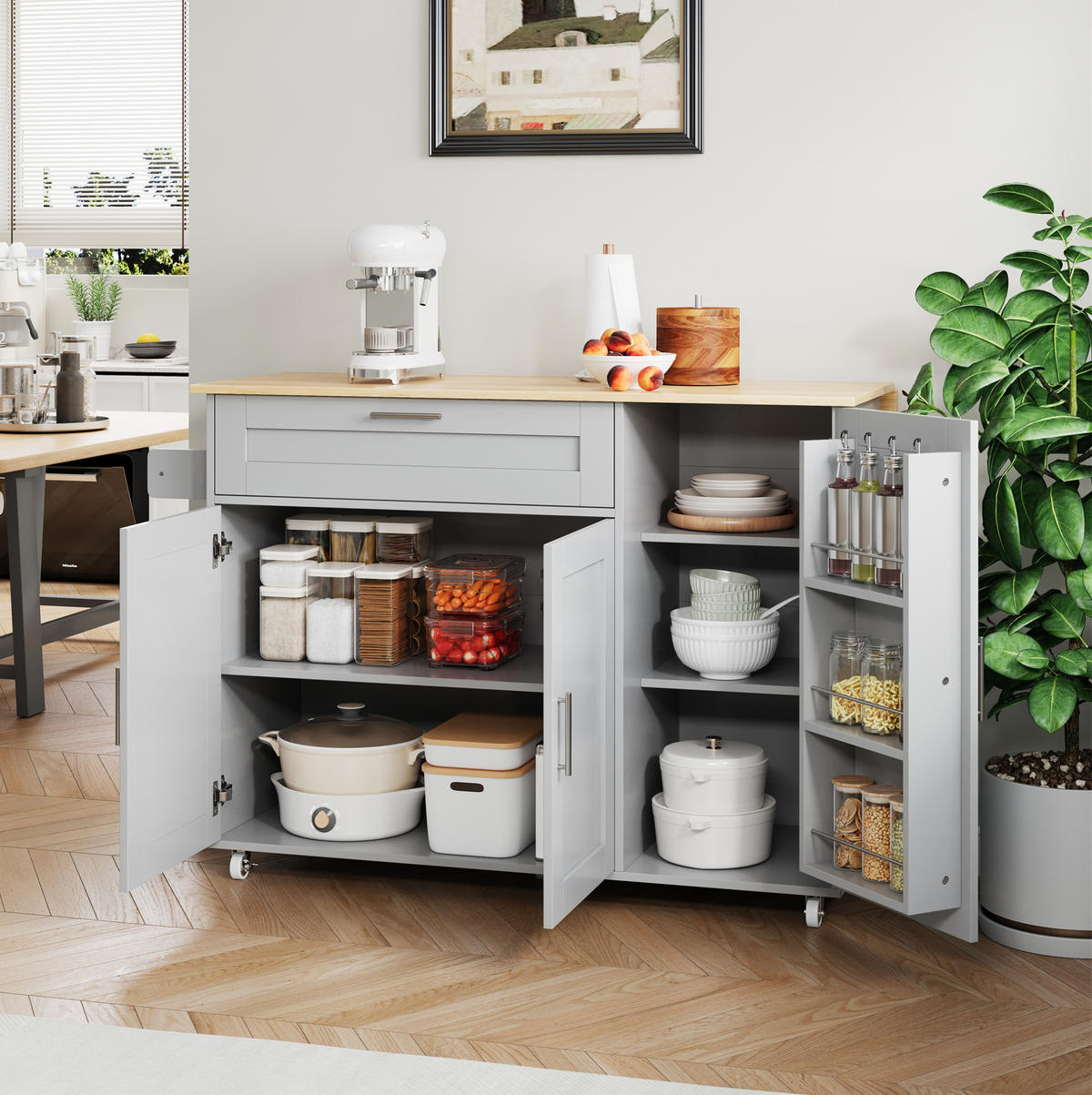 KÜCHENWAGEN mit klappbarer Arbeitsplatte 132,5 x 44(70) x 90 cm Grau - Grau, Holz (44/90/132.5cm) - Beauniv