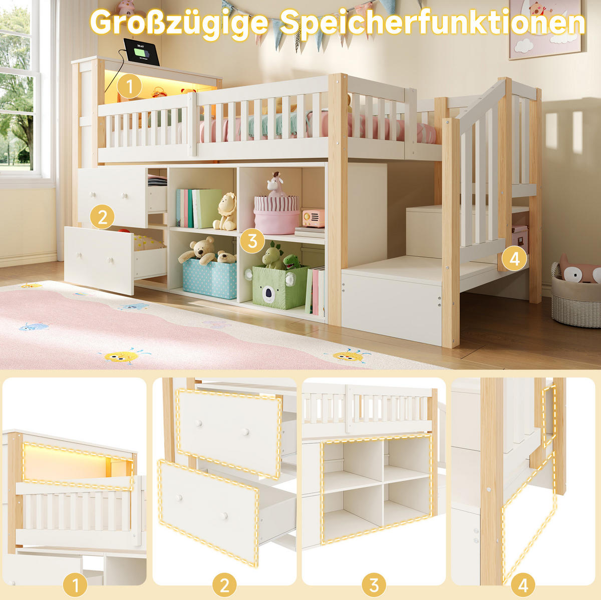 HALBHOHES Bett aus Kiefernholz und MDF 90x200 cm Natur mit Stauraum, LED-Beleuchtung und USB-Anschlüssen - Naturfarben, Holzwerkstoff (90/200cm) - IVMEU