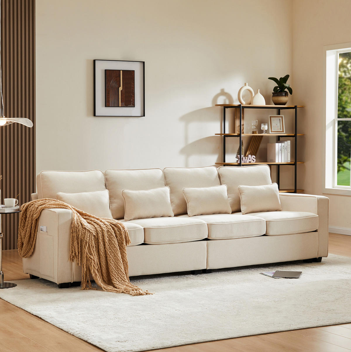 4-SITZER Sofa Leinenstoff mit Armlehnentaschen und 4 Kissen 264/83/87 cm Beige - Beige, Textil (87/264/83cm) - Redom