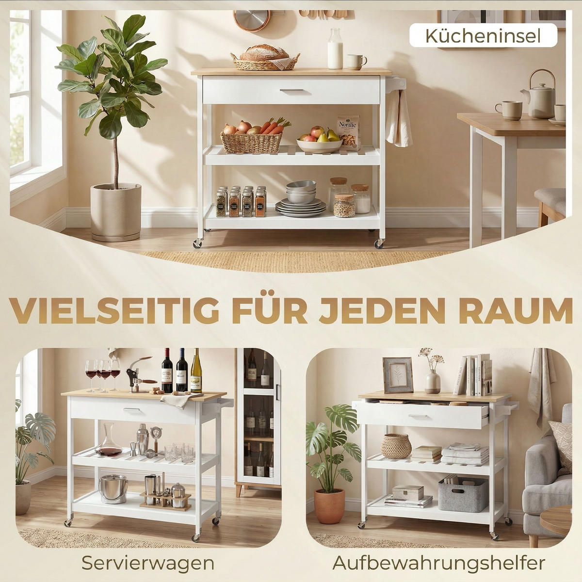 KÜCHENWAGEN DE-10554 mit großer Arbeitsplatte & Schublade Weiß - Weiß, Holzwerkstoff (51/92.5/108.8cm) - ComfortXL