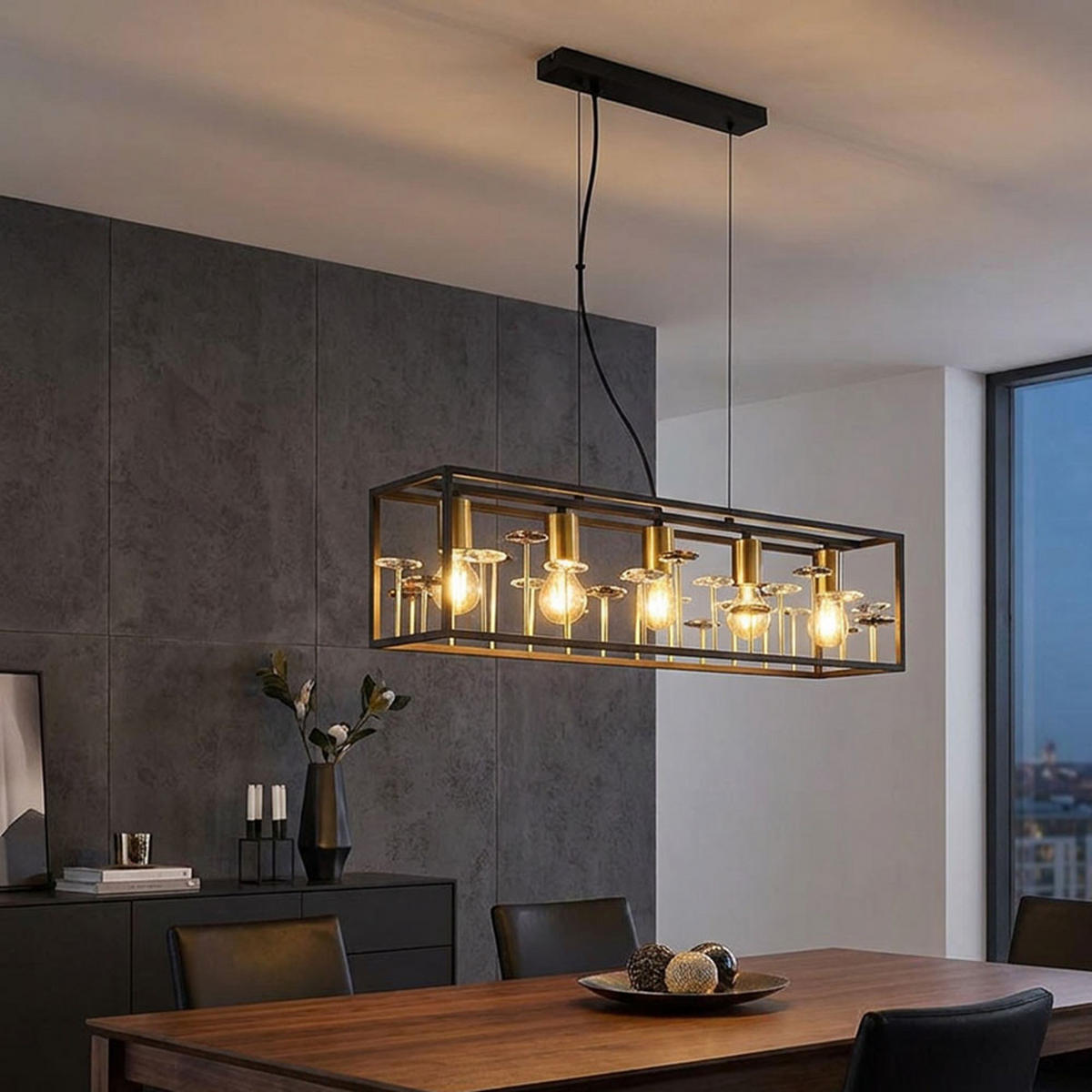 LED HÄNGELEUCHTE Metall Schwarz Rauchkristalle 5-flammig - Schwarz, Metall (77/18/120cm) - Globo Lighting