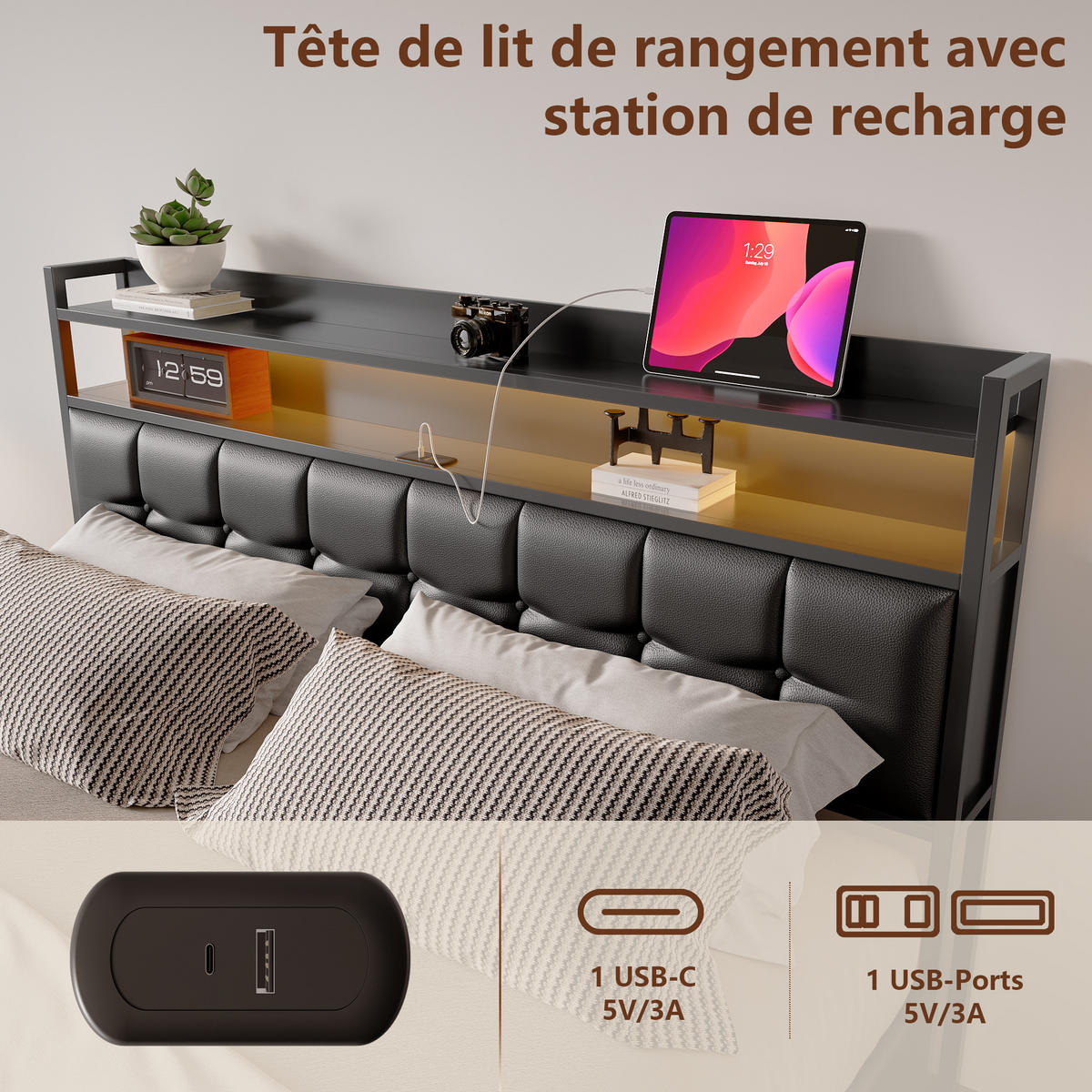 POLSTERBETT 140x200 cm schwarz LED USB Stauraum Lattenrost - Schwarz, Metall (140/200cm)