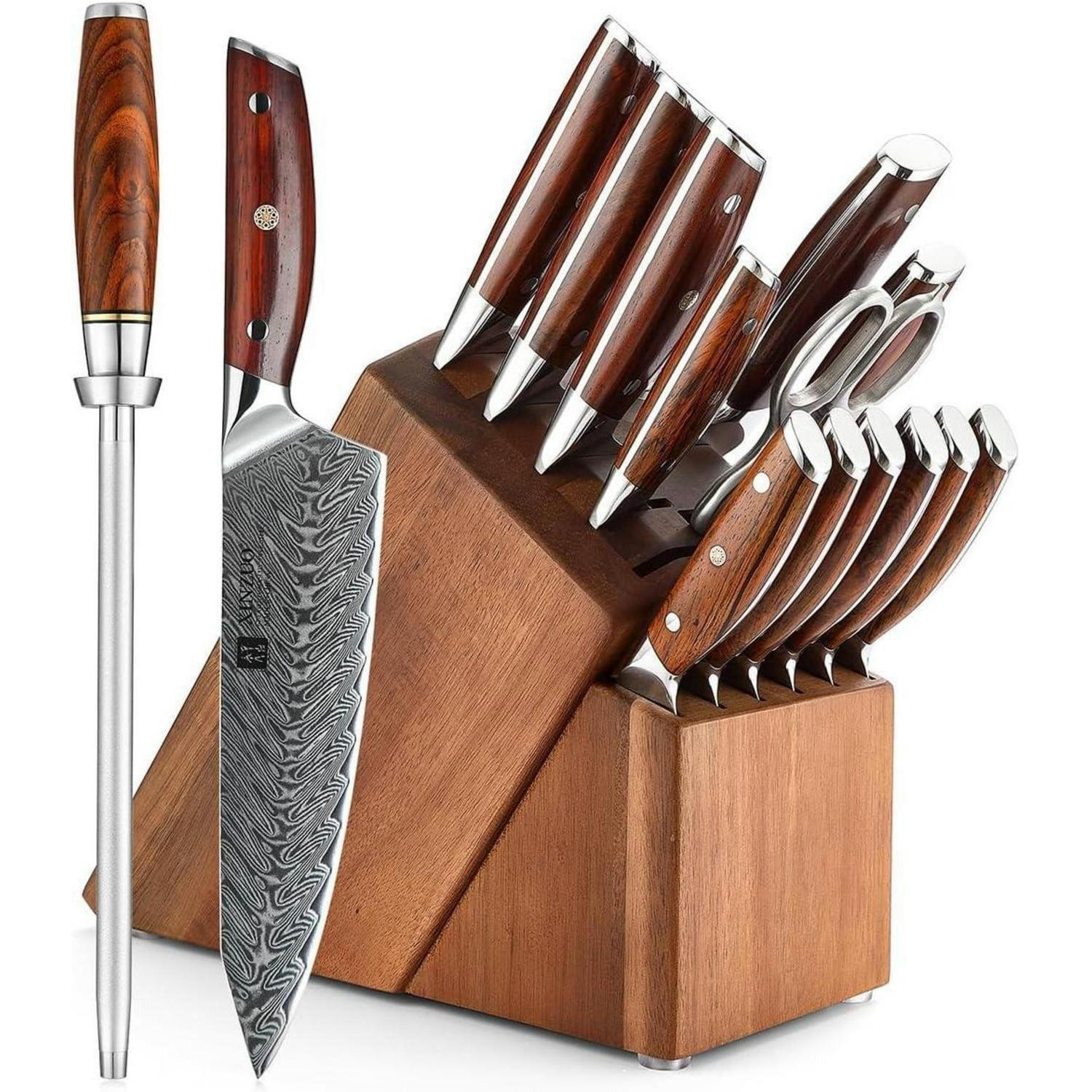 KÜCHENMESSER Set 15-teilig mit Messerblock Akazienholz - Braun, Holz (20/31/40cm)