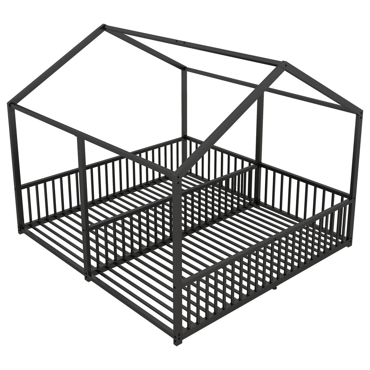 METALLBETT 90/200 cm Schwarz mit Hausform und Geländer - Schwarz, Metall (90/200cm) - OKWISH