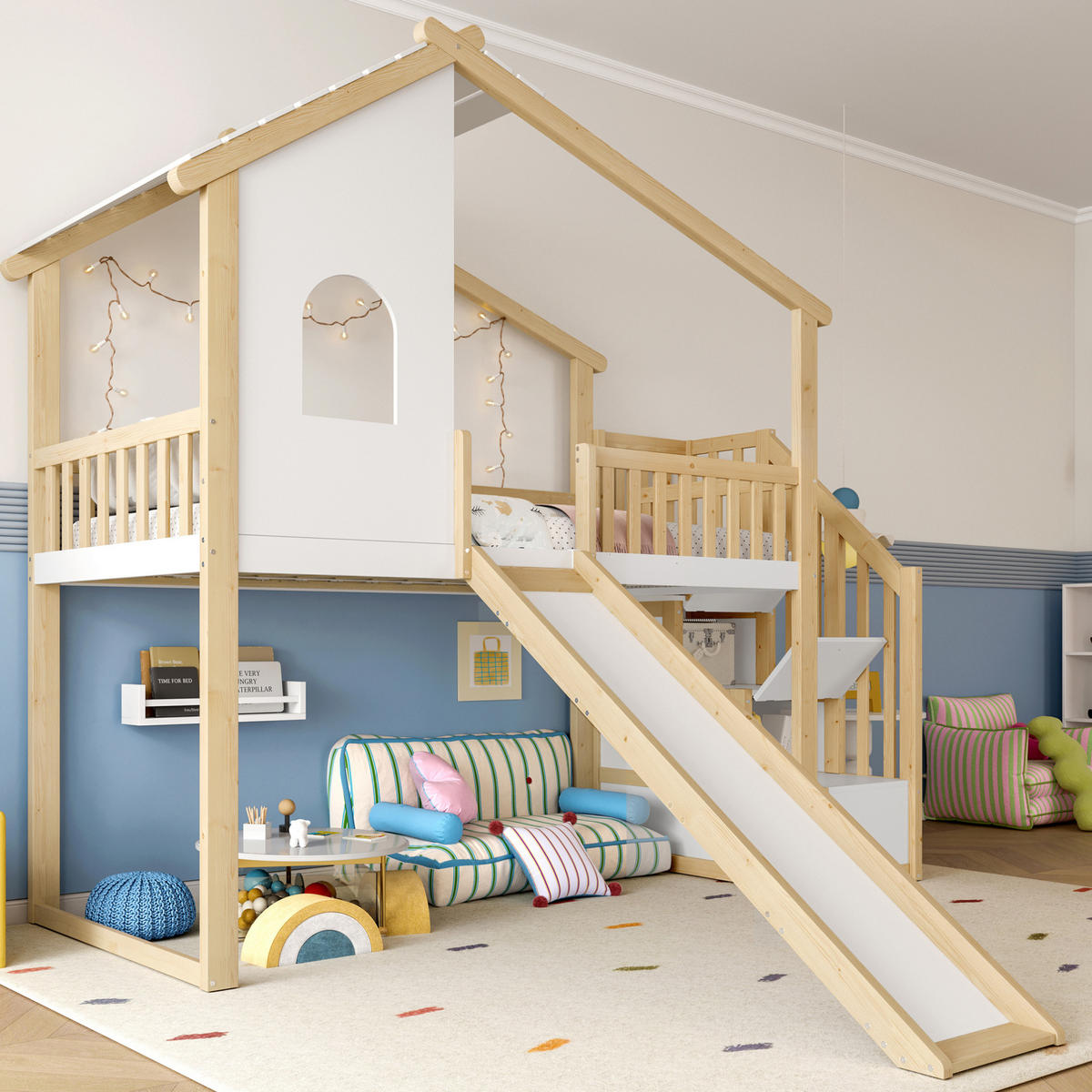 HOCHBETT 90/200 cm aus Kiefernholz mit Rutsche und Stauraumtreppe - Naturfarben, Holzwerkstoff (90/200cm) - BEAOK