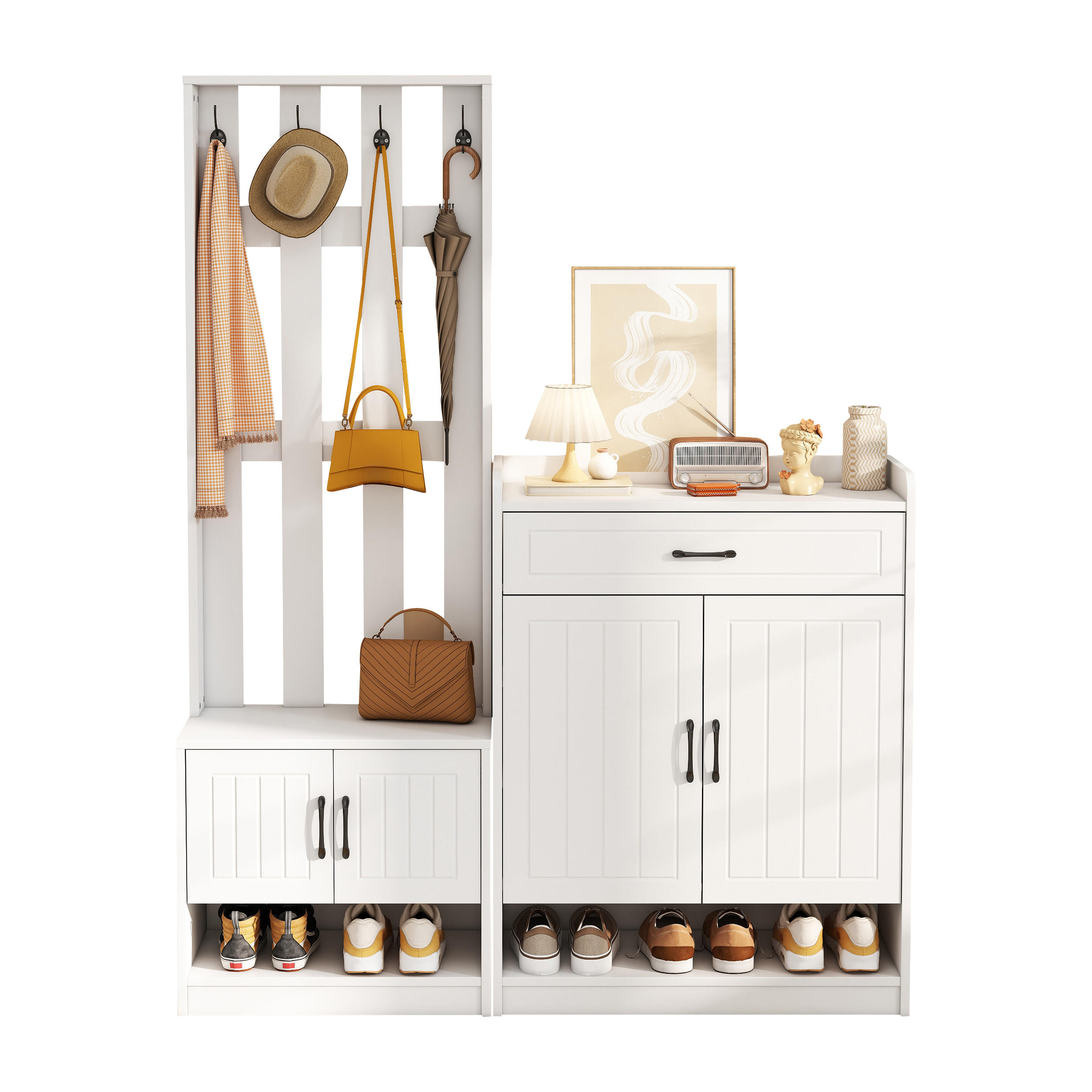 GARDEROBE in Weiß Dielenmöbel mit 4 Haken und Schuhbank für Eingangsbereich, B140.6/T32/H180cm - Weiß, Holzwerkstoff (140/180/32cm) - STILVORA