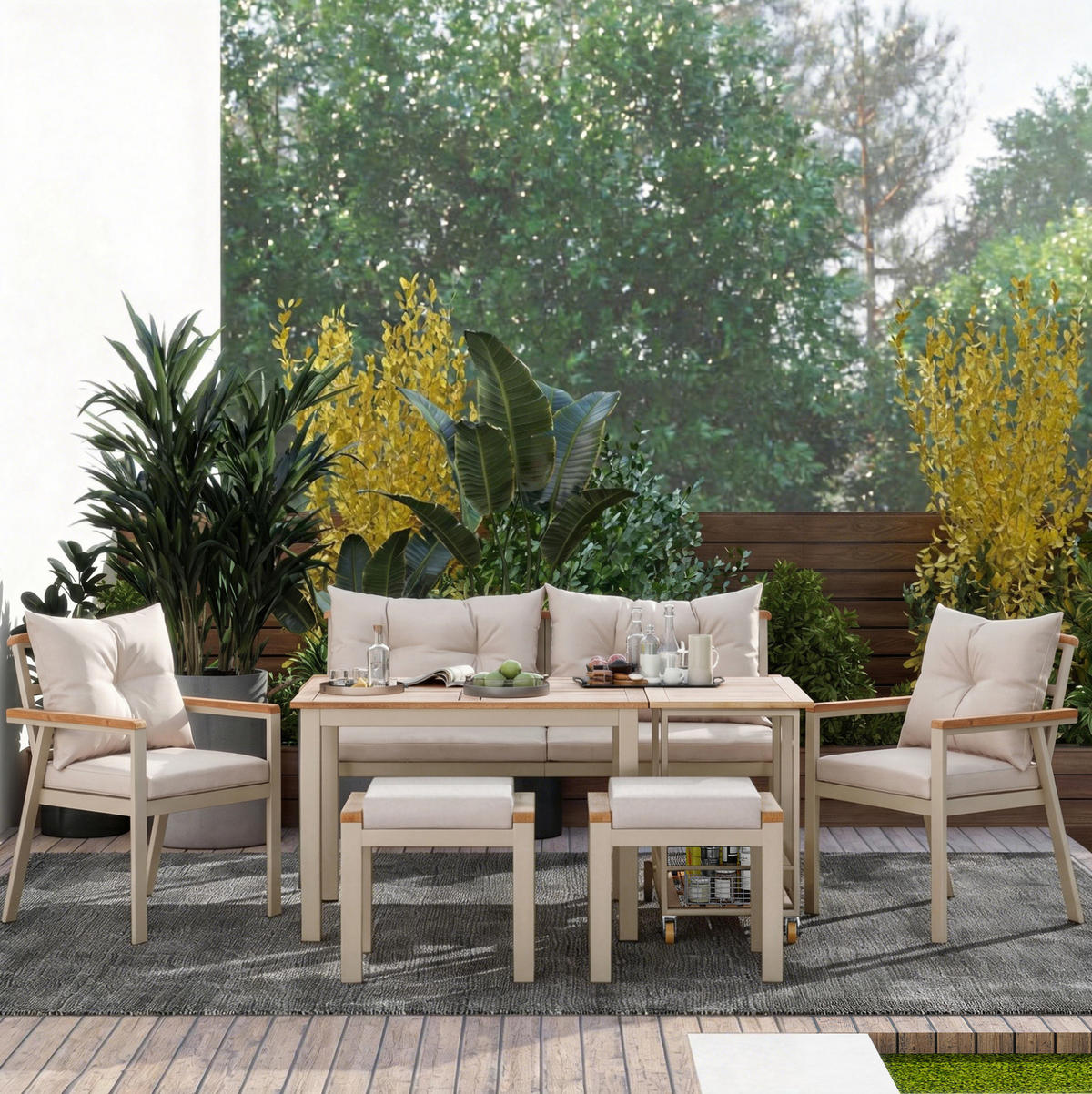 GARTEN-ESSGRUPPE 7-tlg. 6-7-Sitzer mit Servierwagen Akazienholz Beige - Beige, Holz - Beauniv