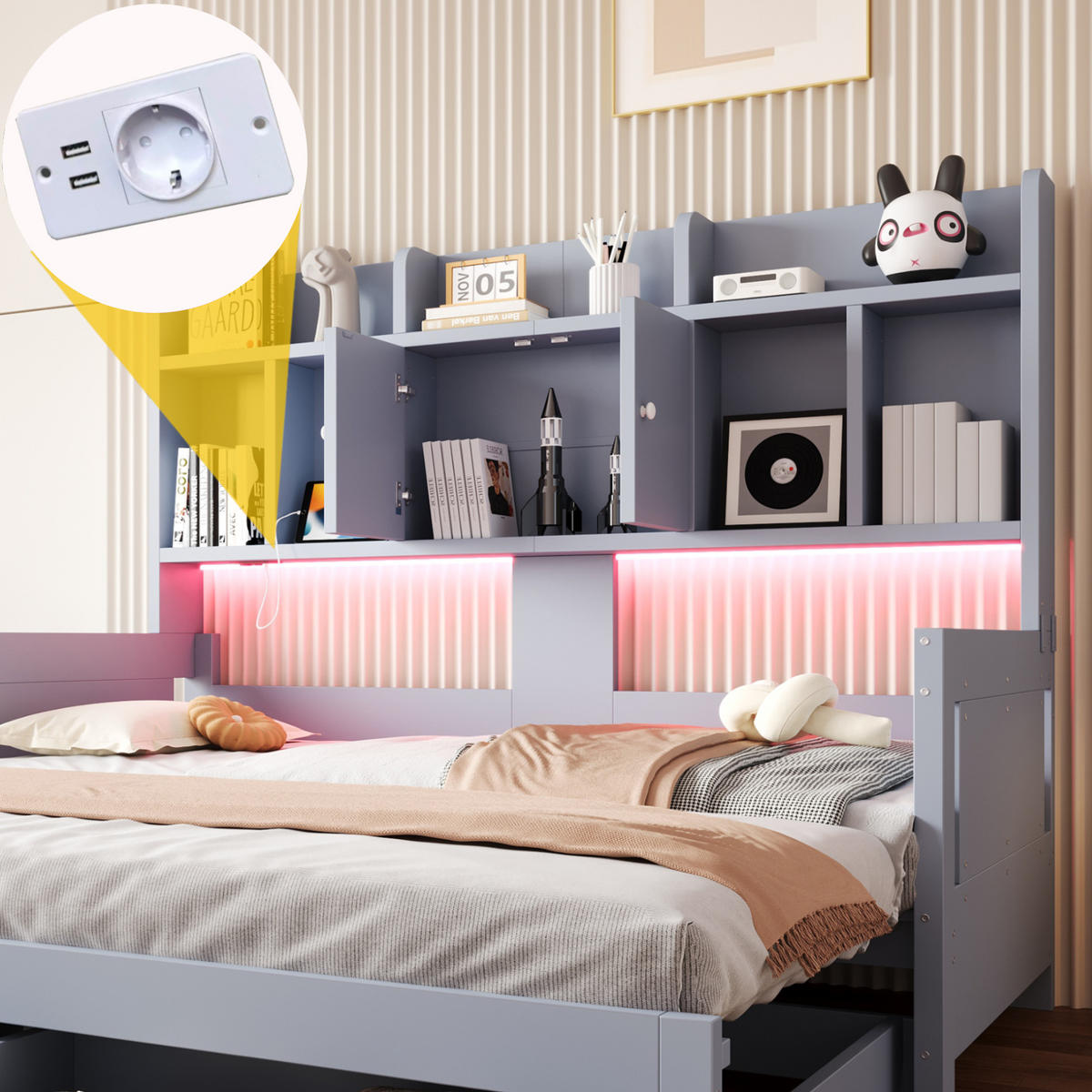 SCHLAFSOFA Holz Ausziehbett LED Stauraum Steckdose Grau - Grau, Holz (90/190cm) - FLIEKS