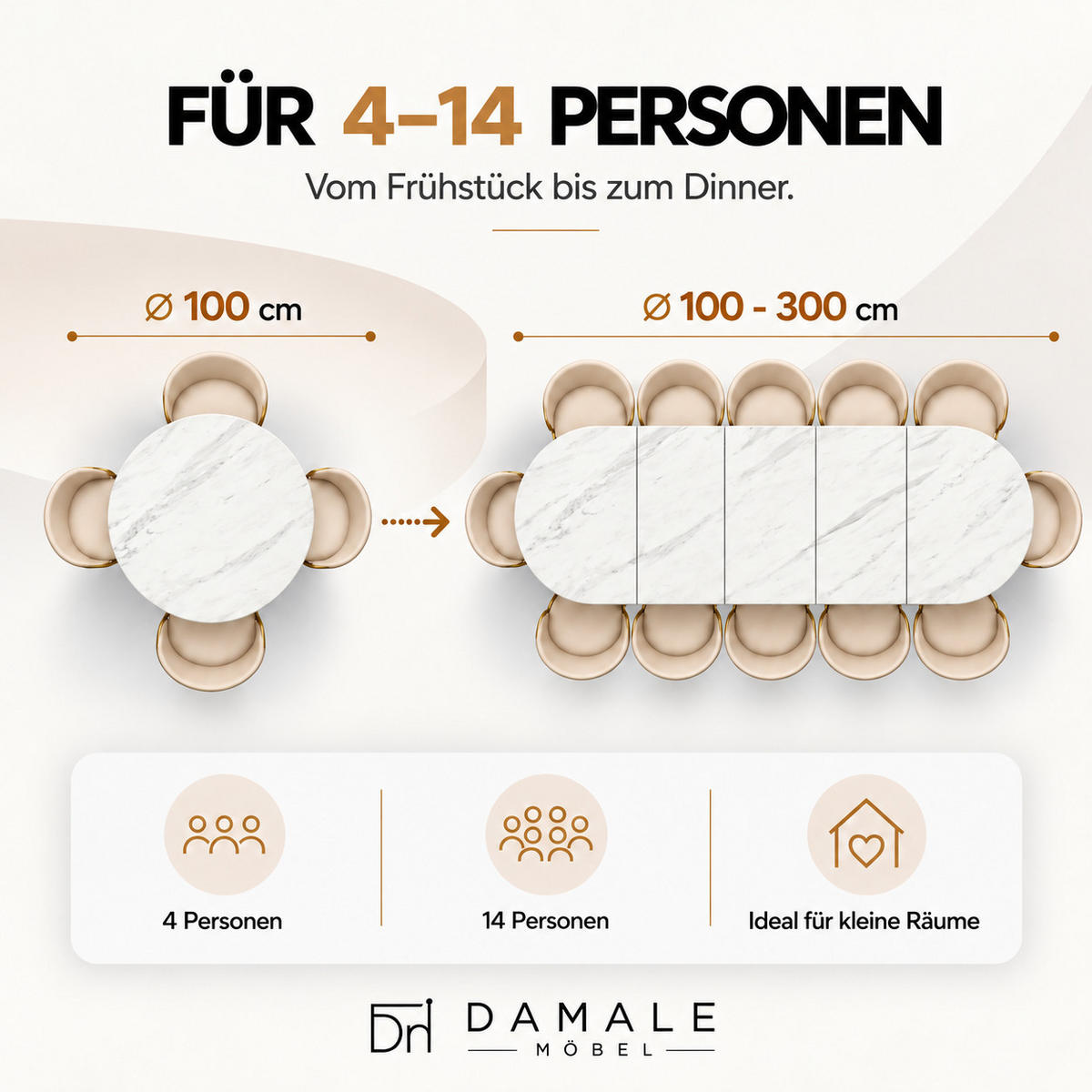 ESSTISCH rund ausziehbar 100/300/76 cm, Marmor, 54 cm Tischplatte + X Metallbeine Schwarz - Hellgrau/Schwarz, Holzwerkstoff/Metall (100/300/76cm) - Damale Möbel