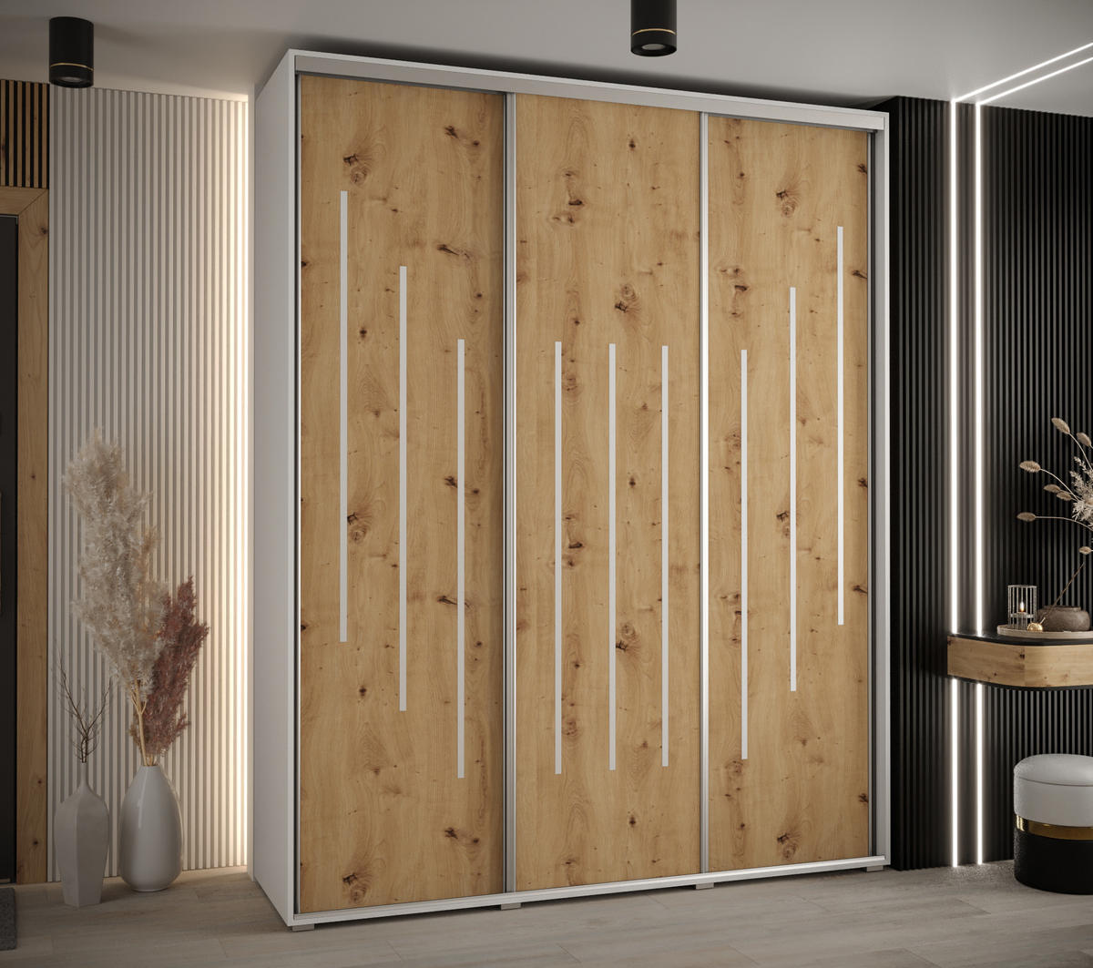 SCHWEBETÜRENSCHRANK 235,2/190/45 3-türig - Silberfarben/Eiche Artisan, Holz/Metall (190/235/45cm) - Abiks Möbel
