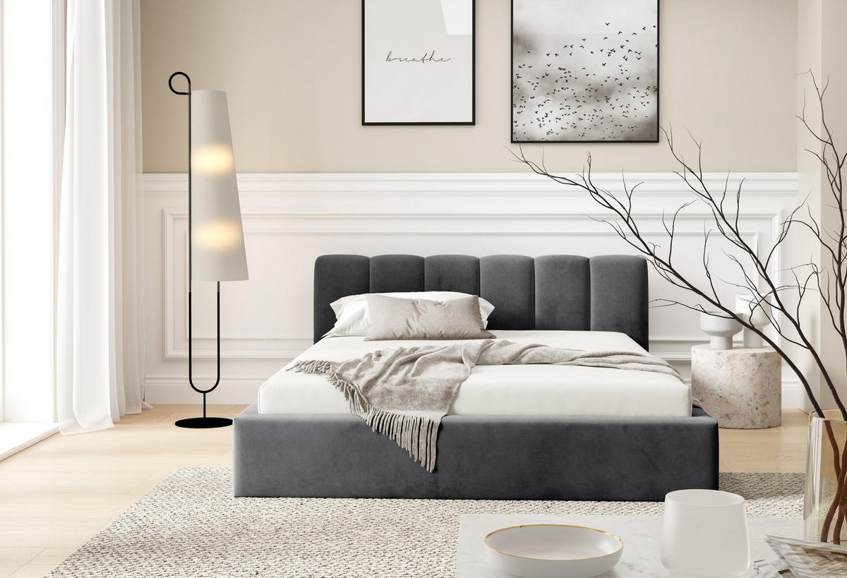 POLSTERBETT BERGO, 180x200 cm, Doppelbett mit Bettkasten, Velourstoff, Frabe: Dunkelgrau - Dunkelgrau, Holz/Textil (180/200cm)